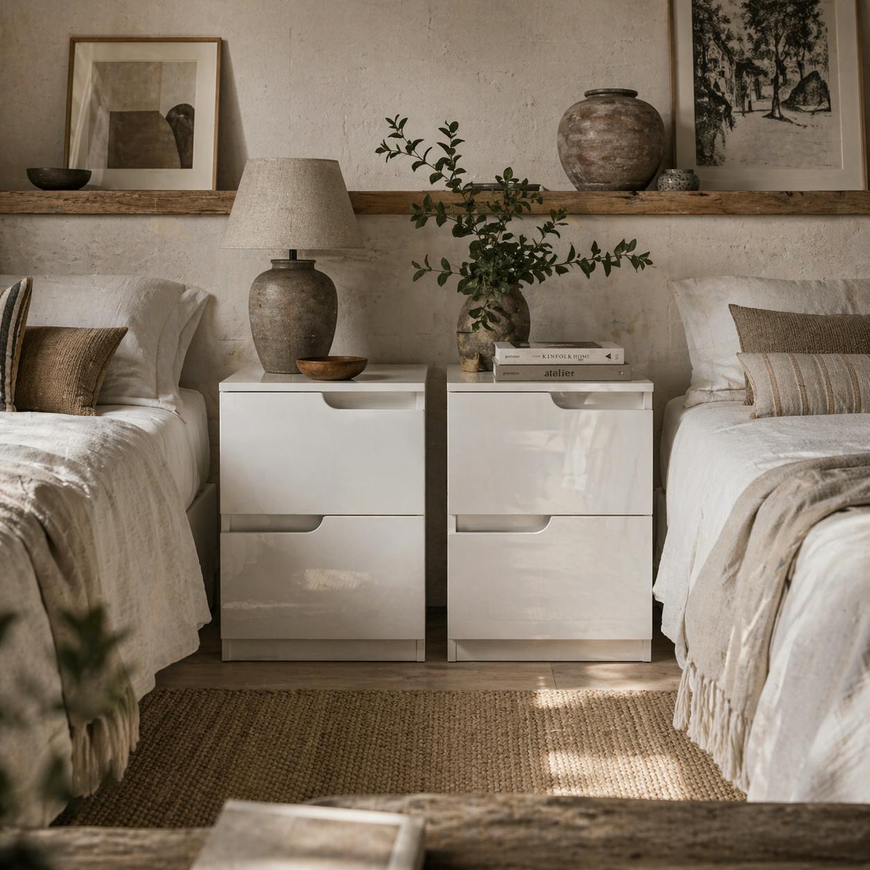 Rackhams White Kavaha Set Of 2 High Gloss Bedside Tables 2 Drawers