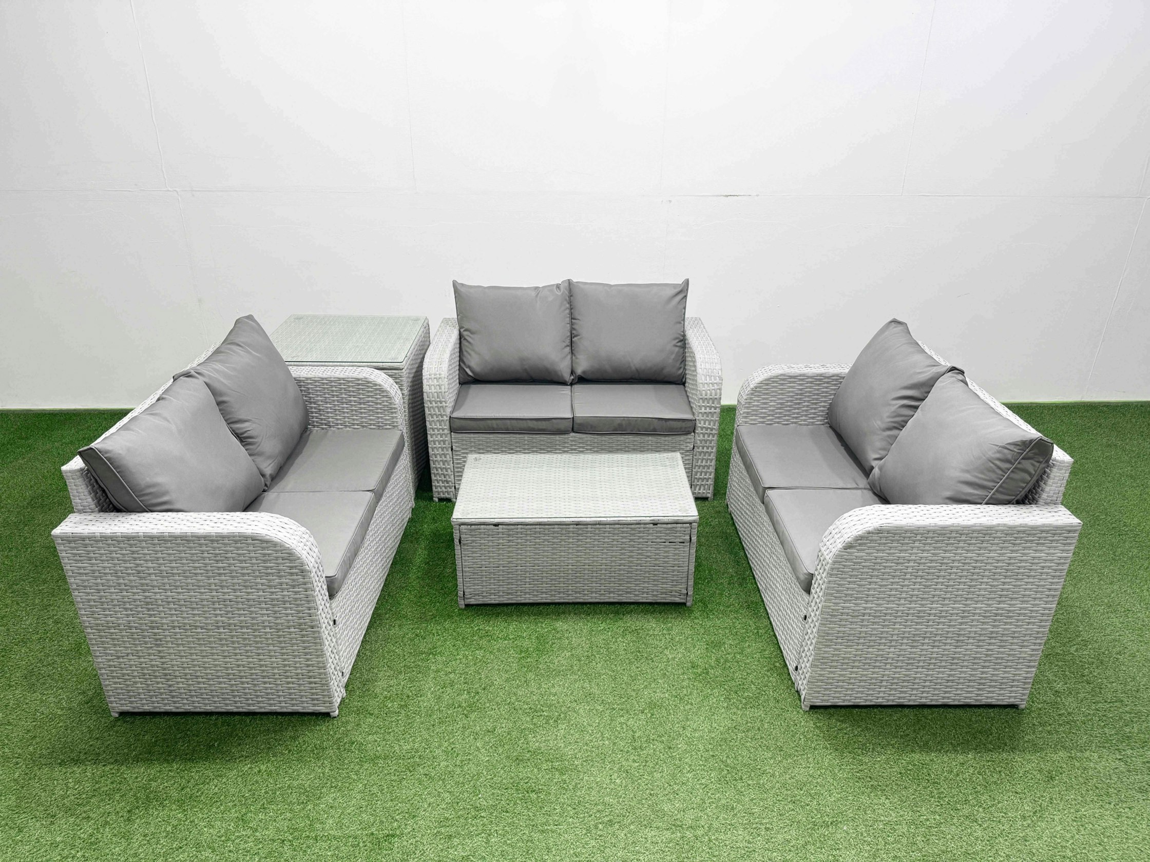 Fimous Light/Grey 7 Seater Pe Wicker Rattan Furniture Sofa Sets With Rectangular Coffee Table 2 Seater Love Sofa Big Footstool