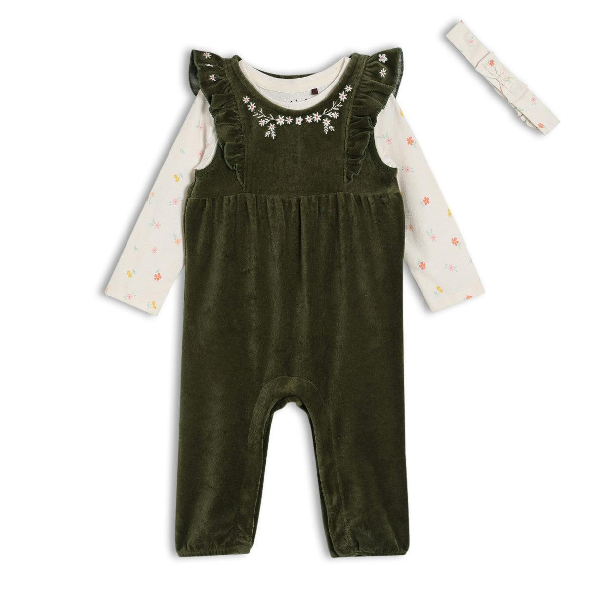 Mini Cuddles Women's Green Baby Girls Floral Embroidered Dungaree 3Pc Set, - 18-24 Months