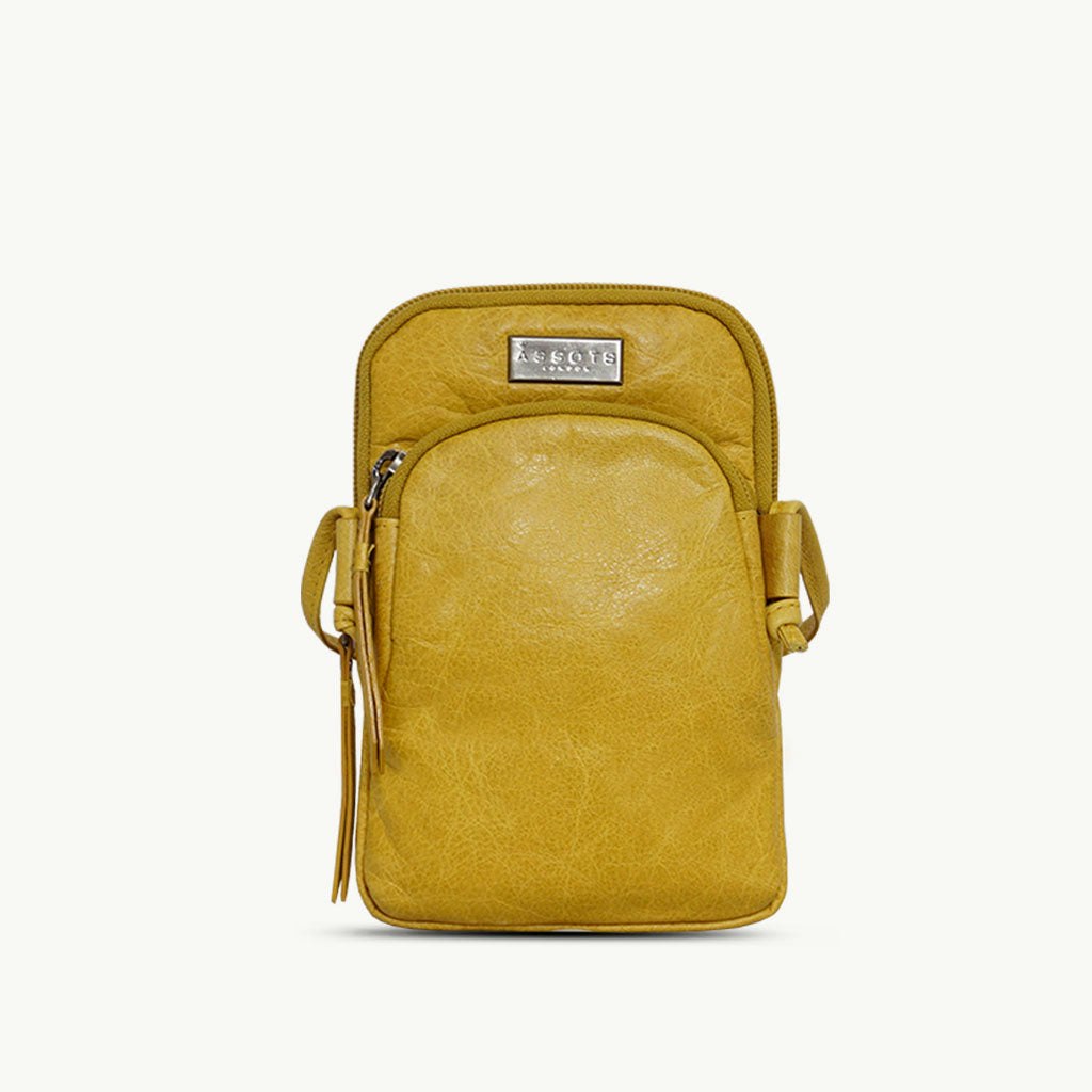 Assots London Yellow/Grain 'Sarah' Vintage Natural Leather Mini Crossbody Bag 13Cm