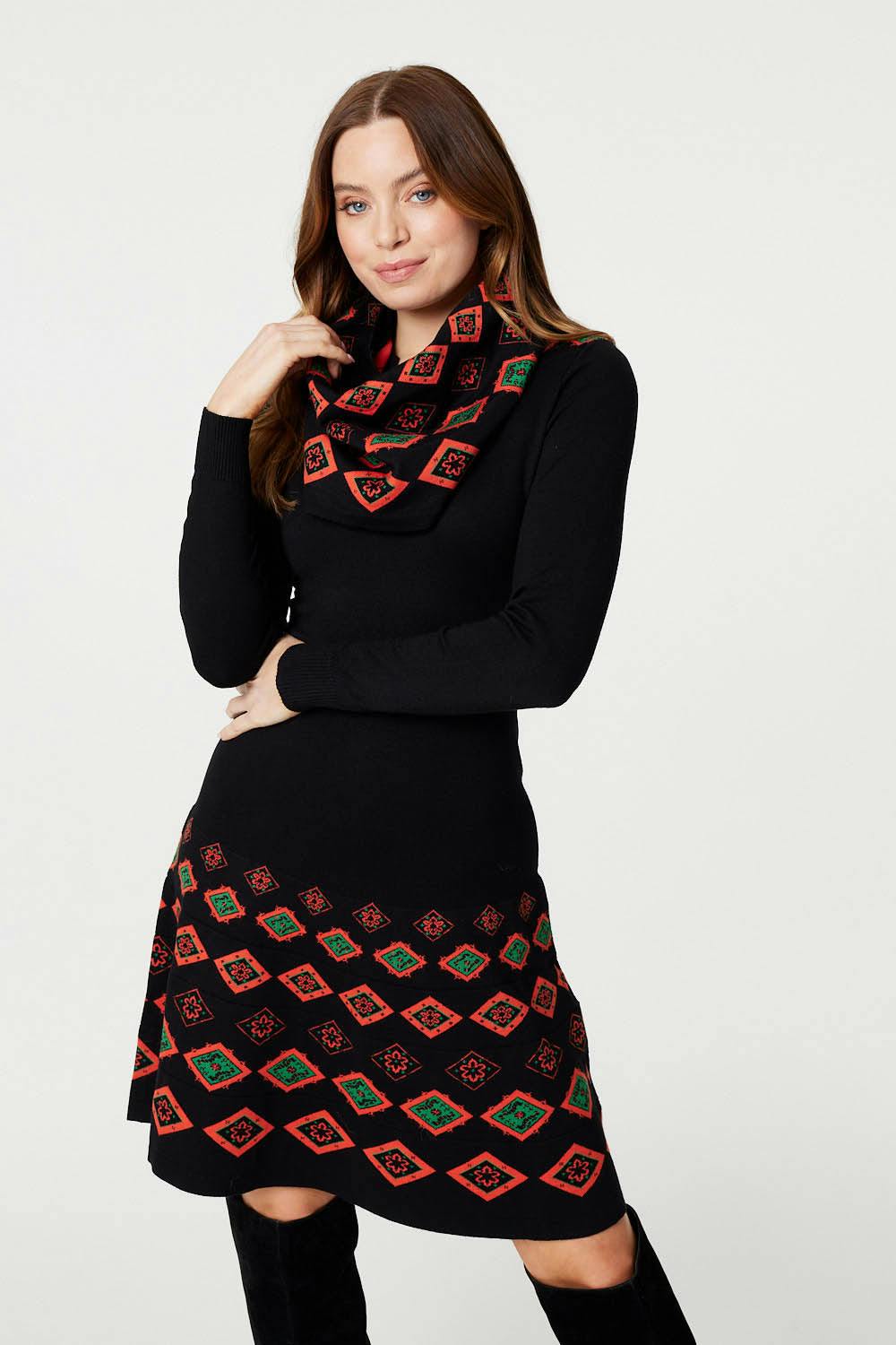 Izabel London Black Printed Fit & Flare Knit Dress - 10