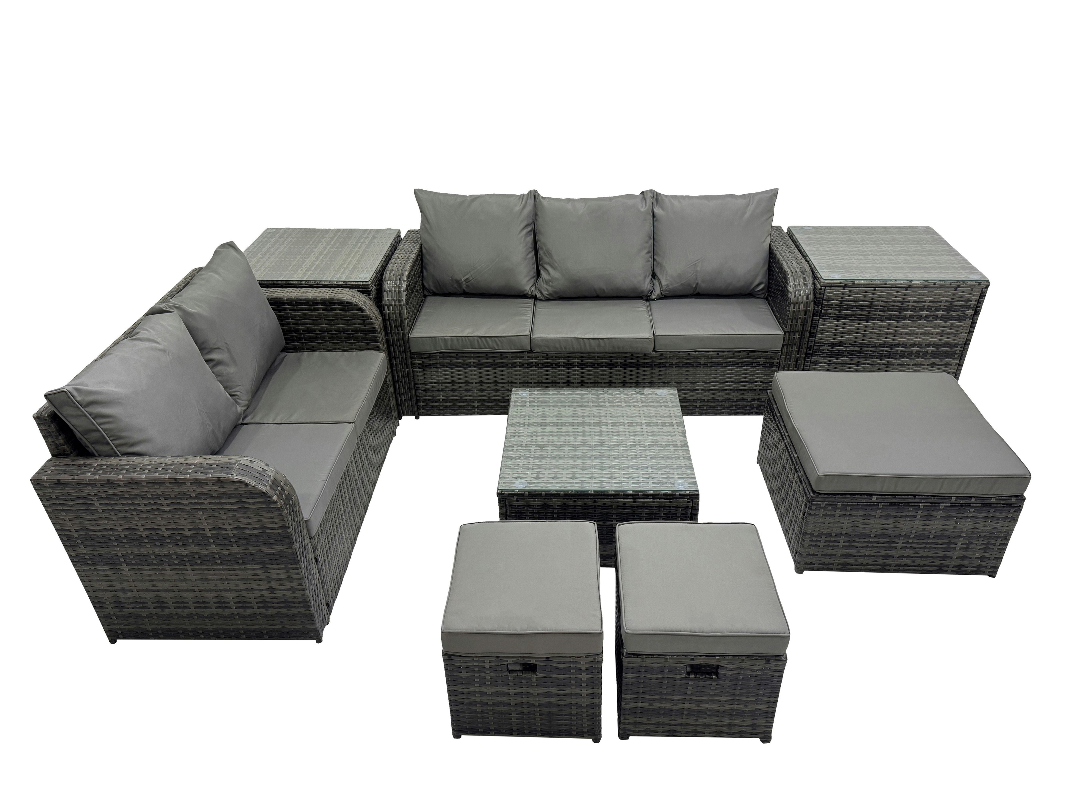 Rackhams Dark/Grey Wicker Pe Rattan Garden Outdoor Furniture Set Love Sofa Square Coffee Table Set With 3 Stools 2 Side Tables Mixed
