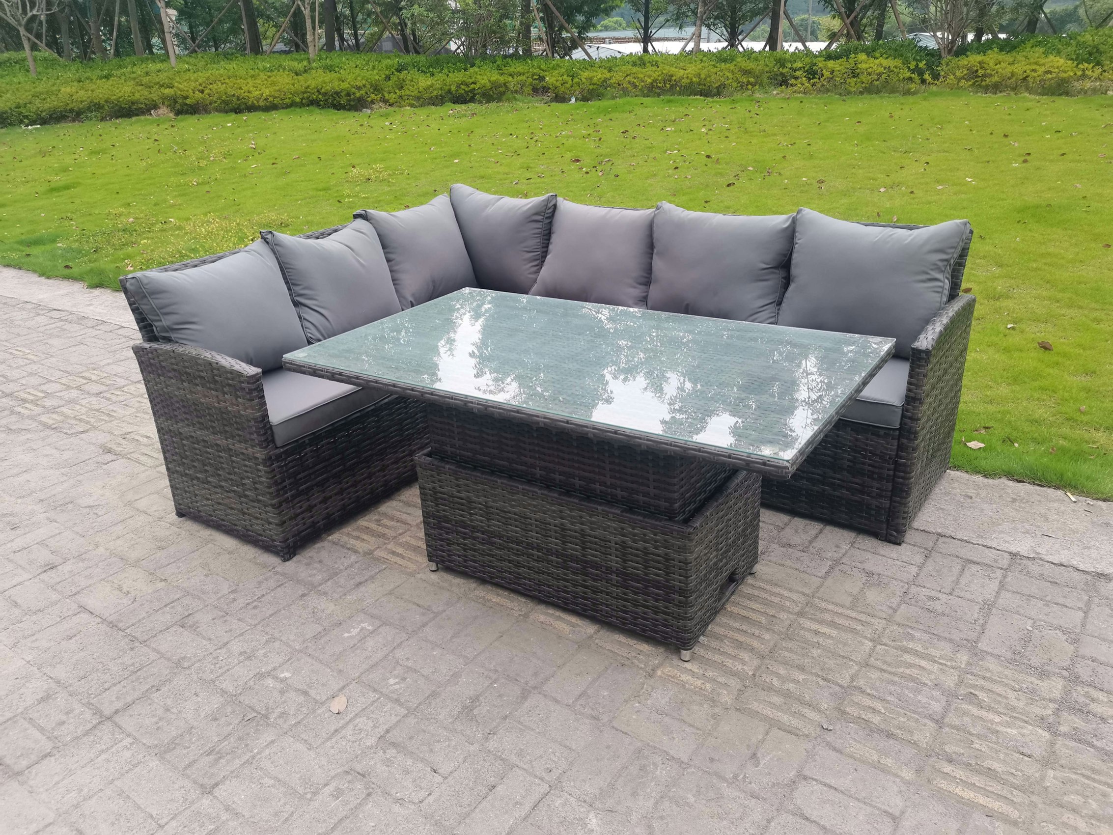 Rackhams Dark/Grey High Back Corner Rattan Garden Furniture Sofa Dining Rising Table Height Adjustable 6 Seater