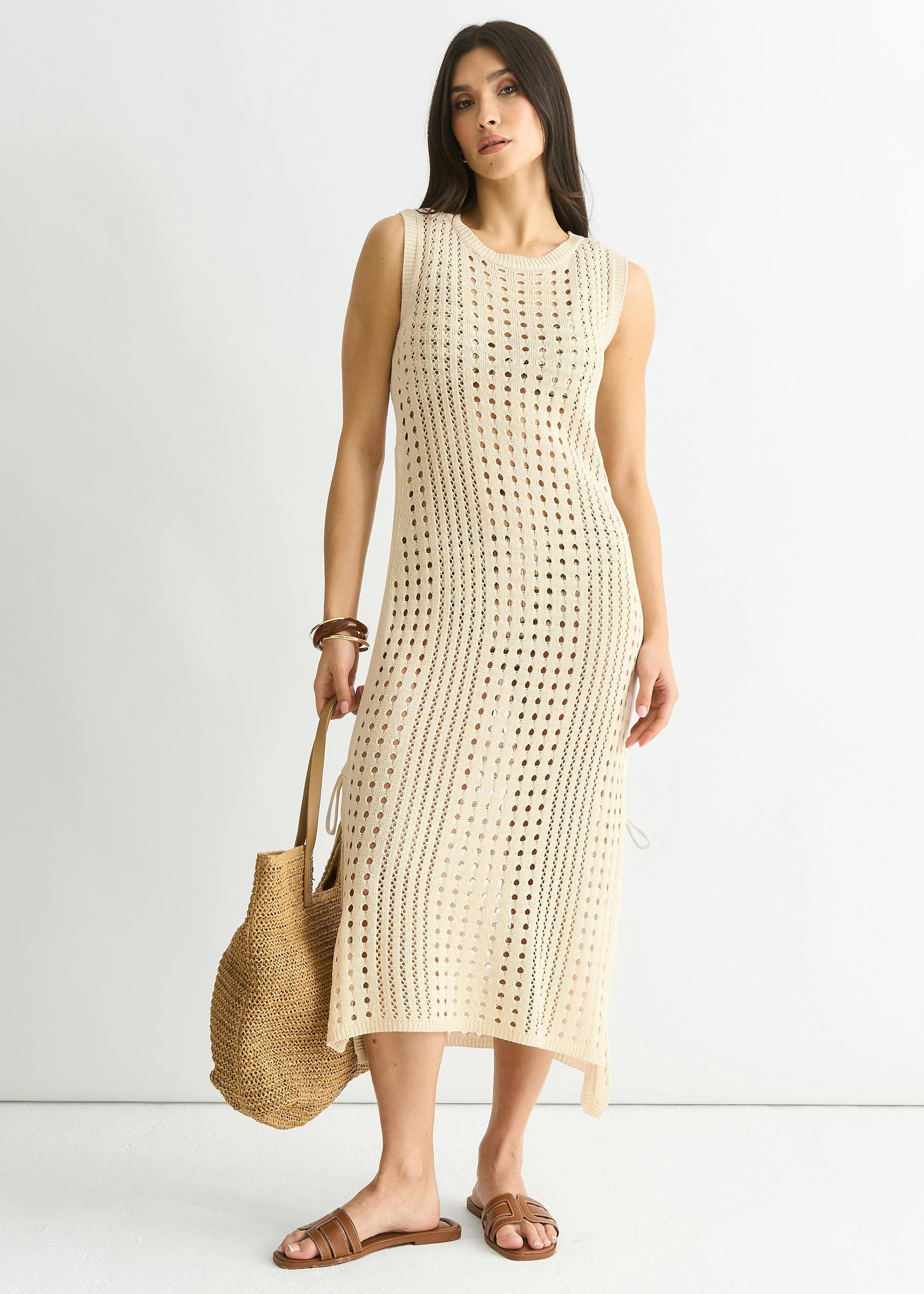 Gini London Beige Crochet Knit Bodycon Midi Dress - Uk 8 / Us 4 / Eu 36