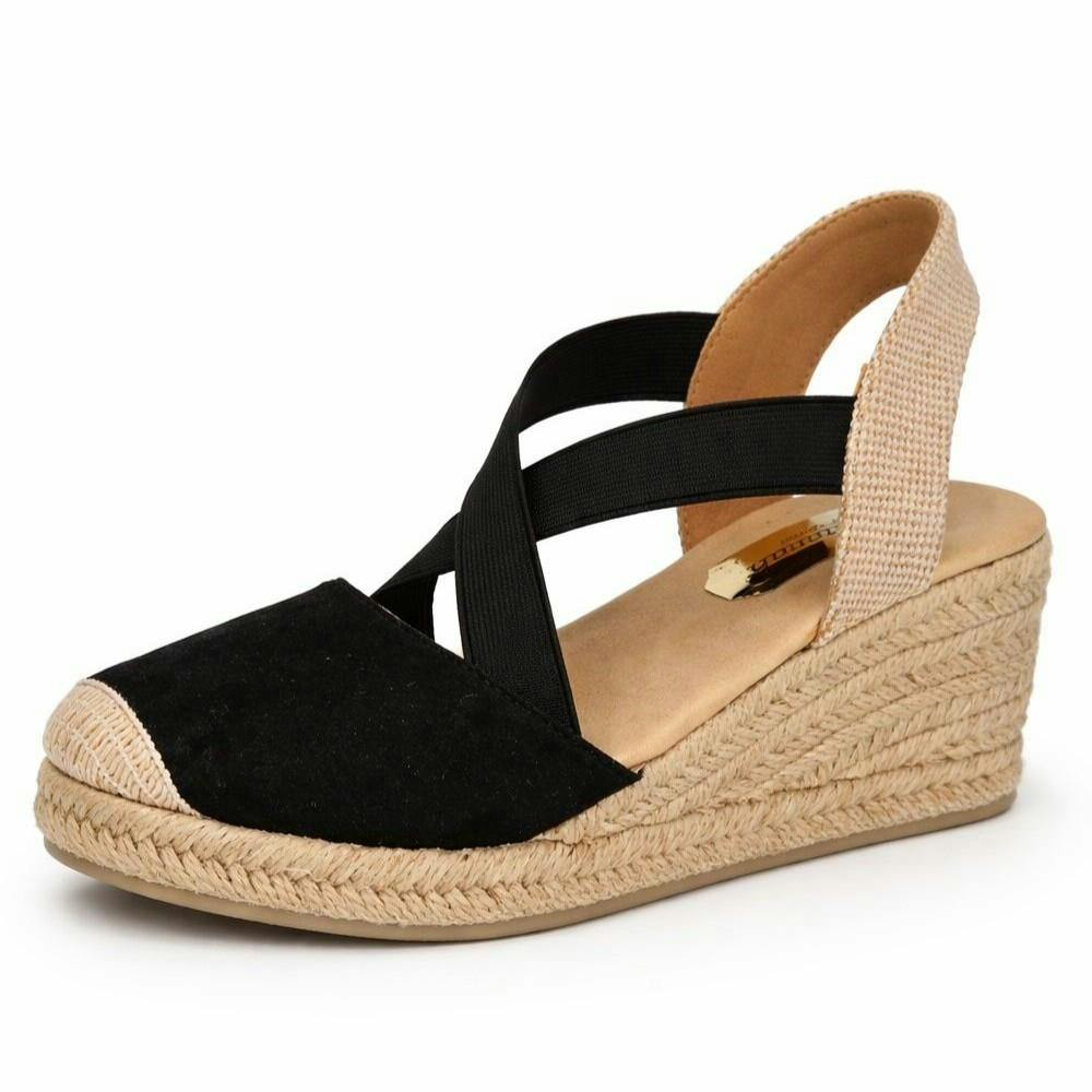 Savannah Women's Black Comfort Cross Strap Espadrille Wedge Sandals F2314 - Standard - Uk 3