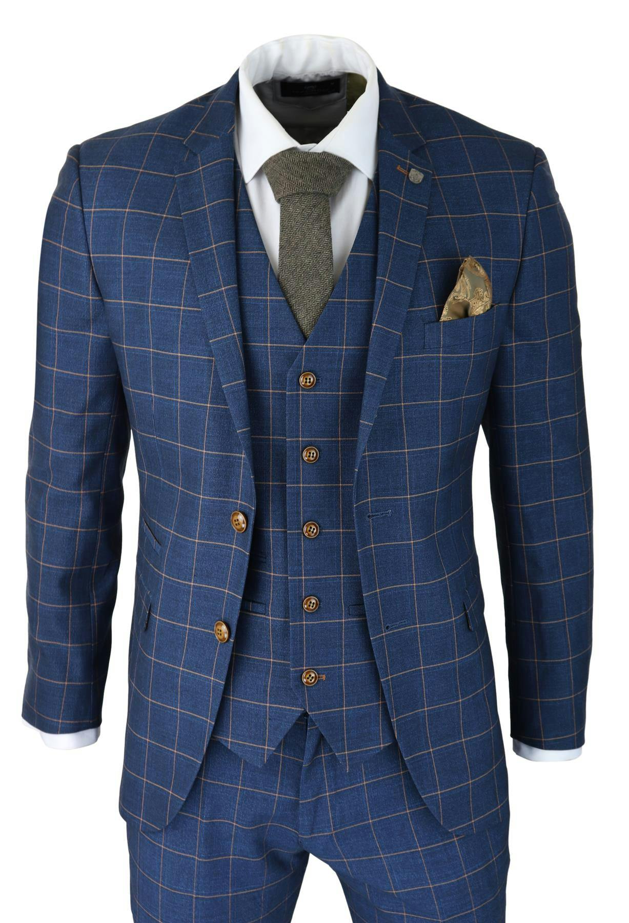 Paul Andrew Men's Blue/Gold 3 Piece Suit Check Peaky Blinders 1920 Gatsby Smart Vintage Suit - 36" Jacket 30" Trousers