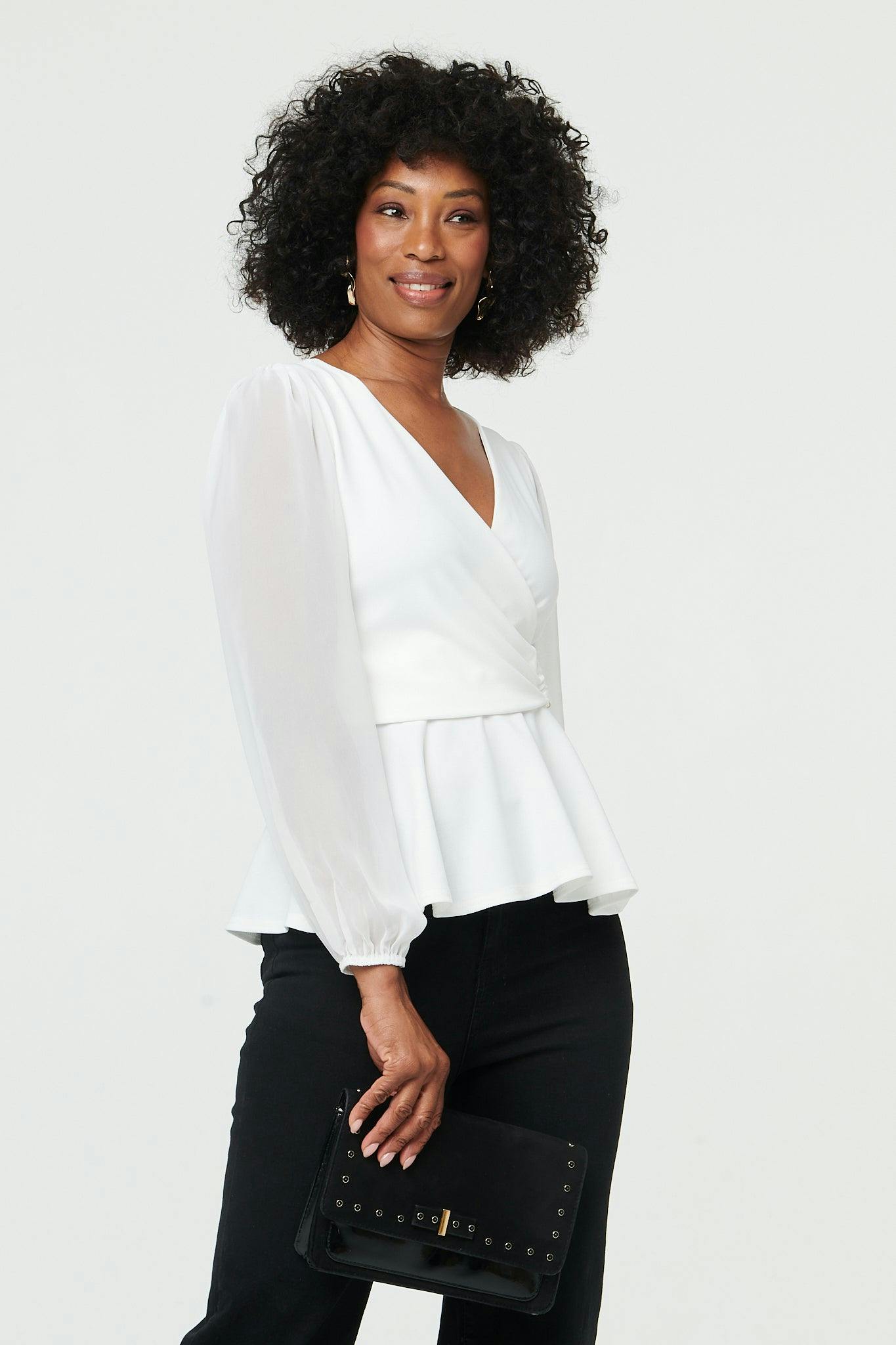 Izabel London White Long Sleeve Semi Sheer Wrap Front Top - 16