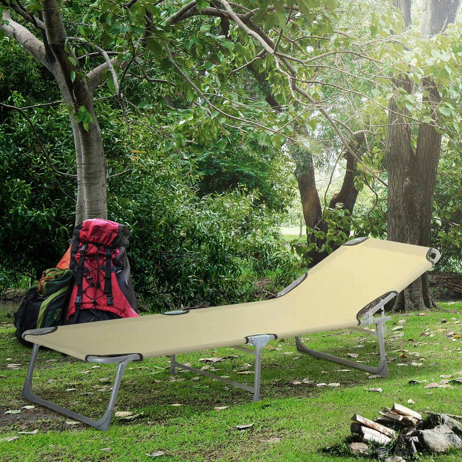 Outsunny Reclining Sun Lounger Chair Folding Camping Bed for Travel Beige | 4-Position Adjustable Backrest, Fold up, Garden, Indoor Outdoor, Office, Fishing - Image 4