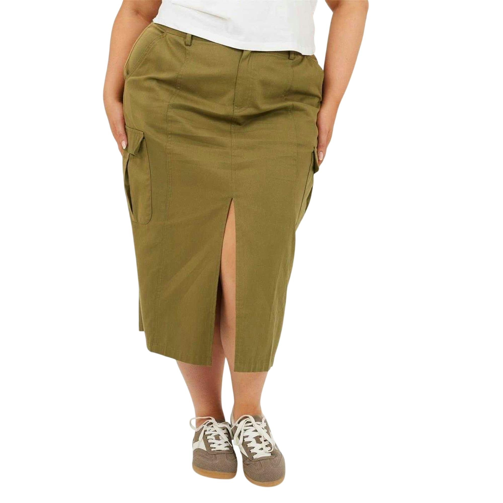Brave Soul Women's Green Denim Plus Cargo Skirt - Khaki - 20 Uk - Khaki - 100% Mixed