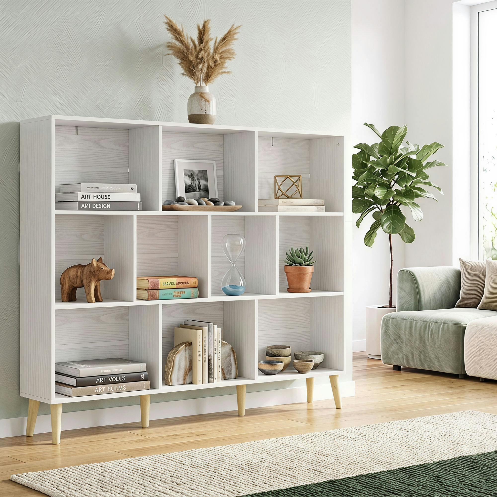 Homcom Bookshelf With 10 Cubbies, 3-Tier Book Shelf With Wood Legs, White - Image 4