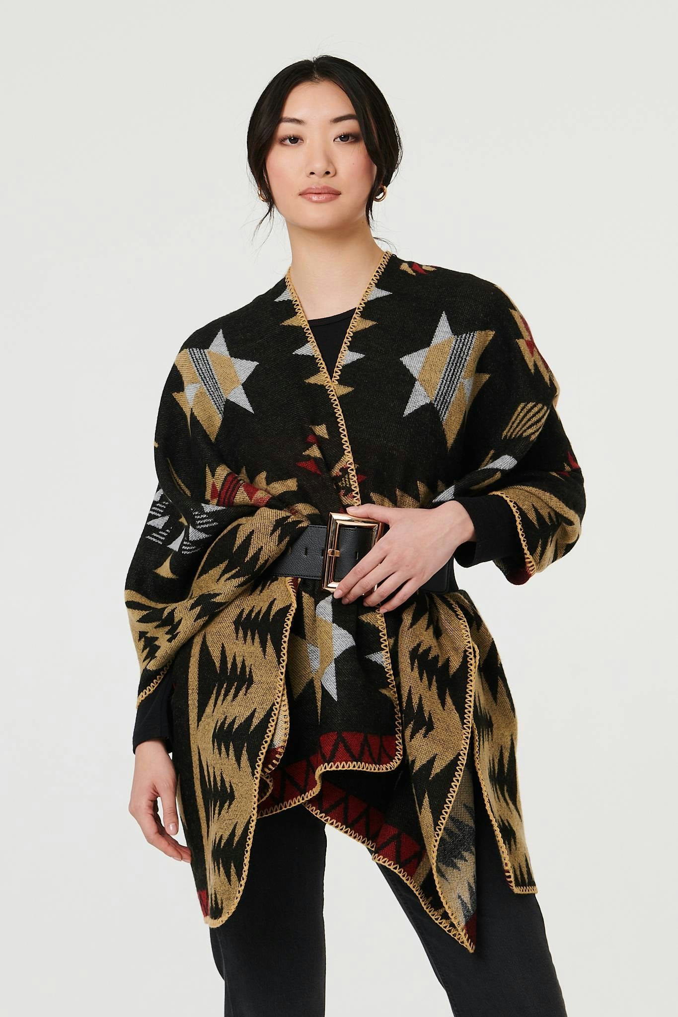 Izabel London Black Aztec Print Oversized Poncho - One