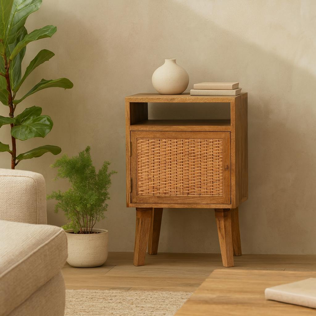Rackhams Light Breil Natural Mango Wood Knit Door Bedside Table