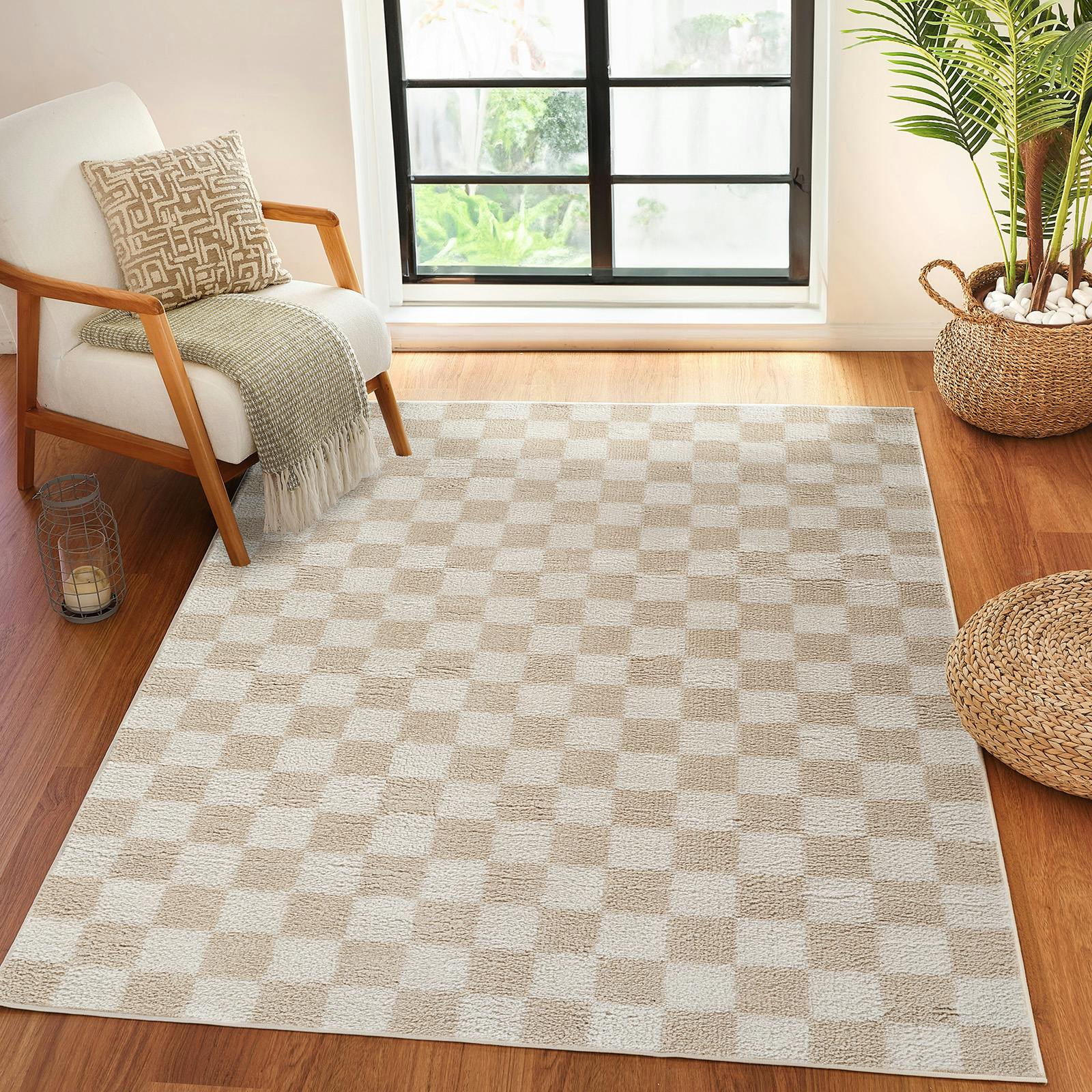 Rackhams Beige Fossay Shag-Washable High Pile Checkered Rug - 200 X 275 Cm