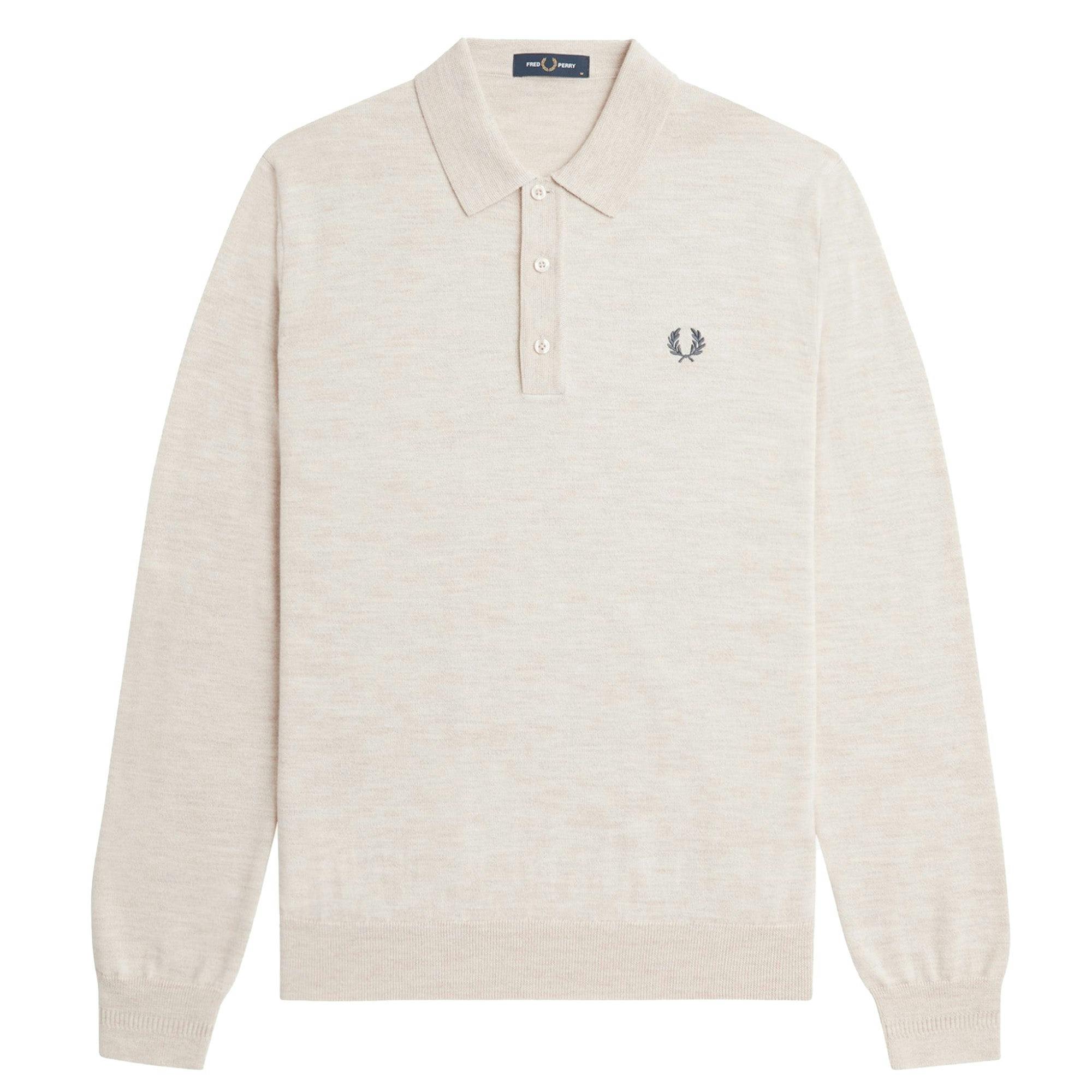 Fred Perry Knitted Merino Long Sleeve Polo Shirt - Porridge Marl - X-Large