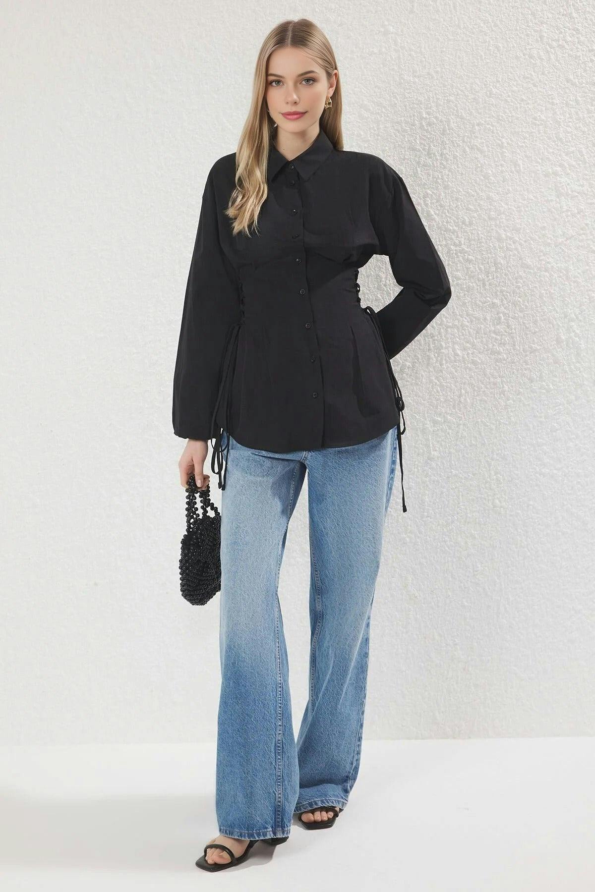 Wovcor Black Woven Shirt With Waist Tie Detail - 14