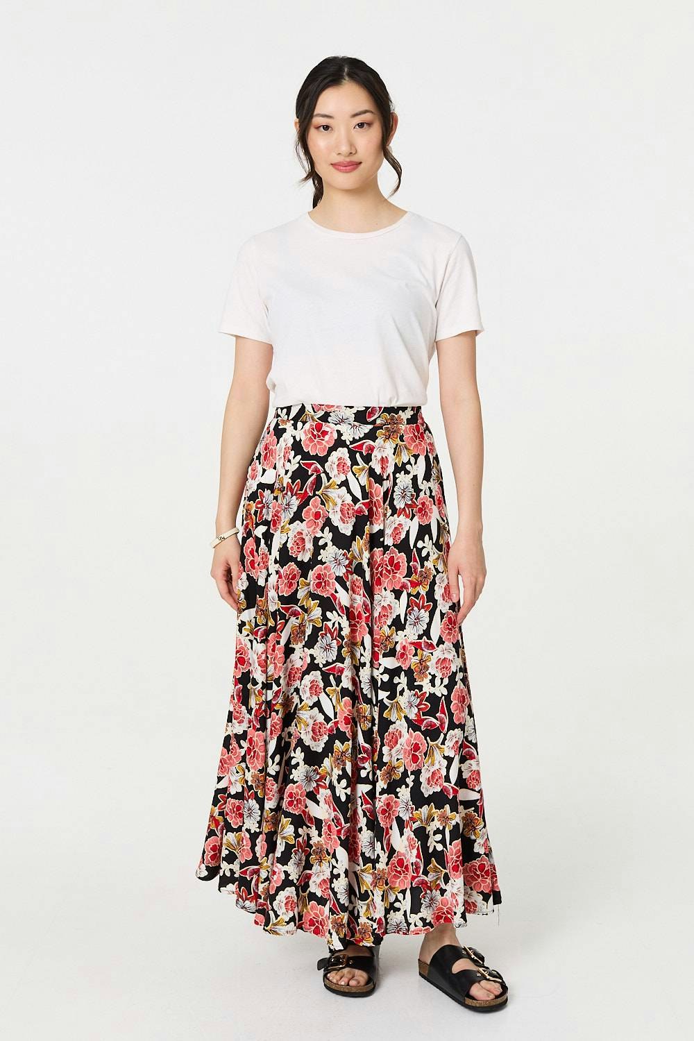 Izabel London Orange Floral High Waist A-Line Maxi Skirt - 10