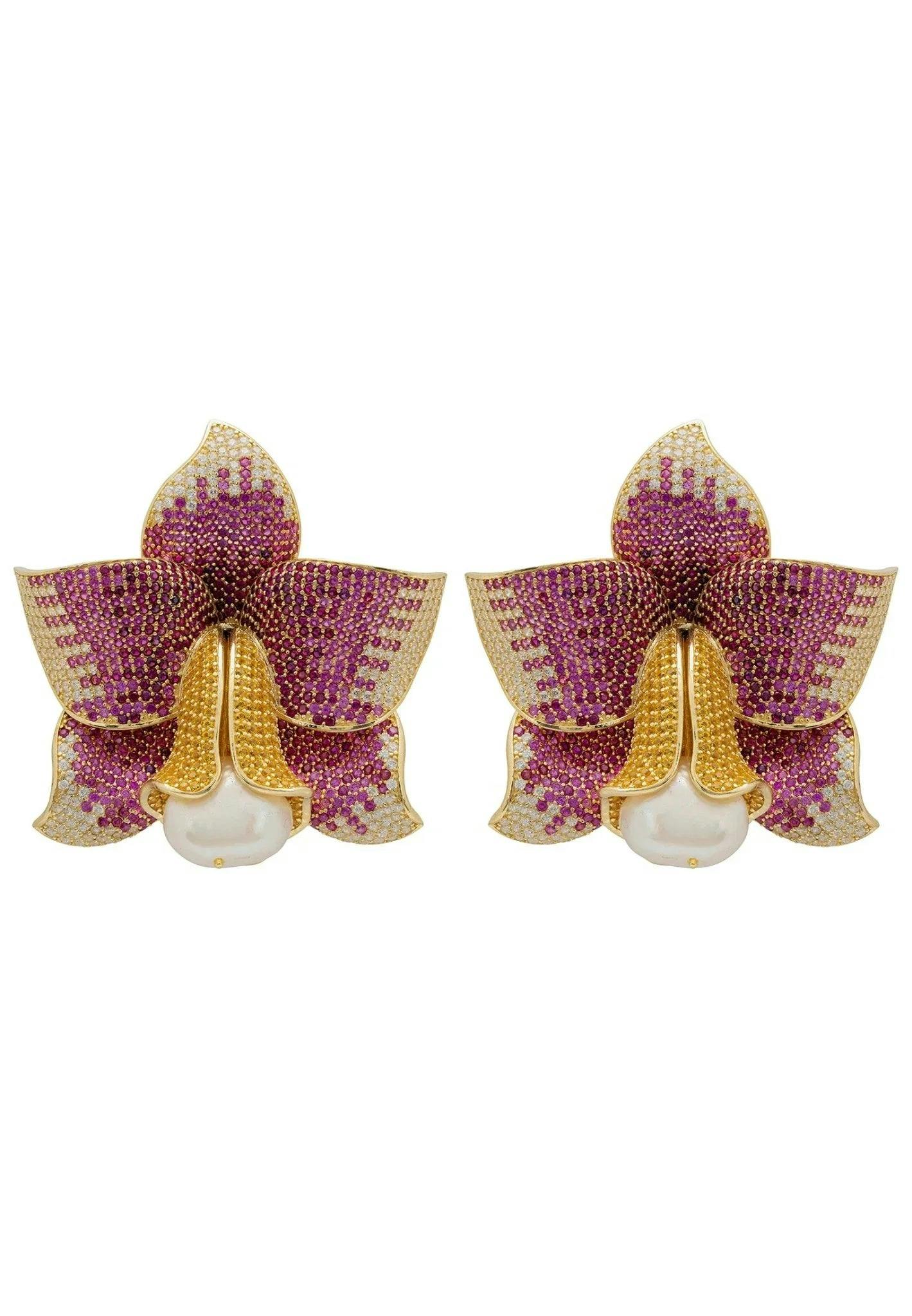 Latelita Gold Daffodil With Pearl Earrings Ruby Cz