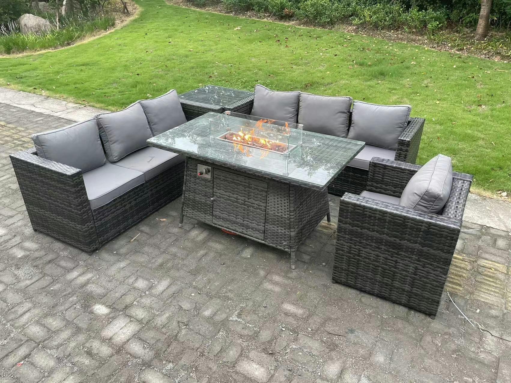 Fimous Dark/Grey 7 Seater Rattan Garden Furniture Sofa Set Outdoor Patio Gas Fire Pit Dining Table Gas Heater Burner With Armchair Side Table Mixed