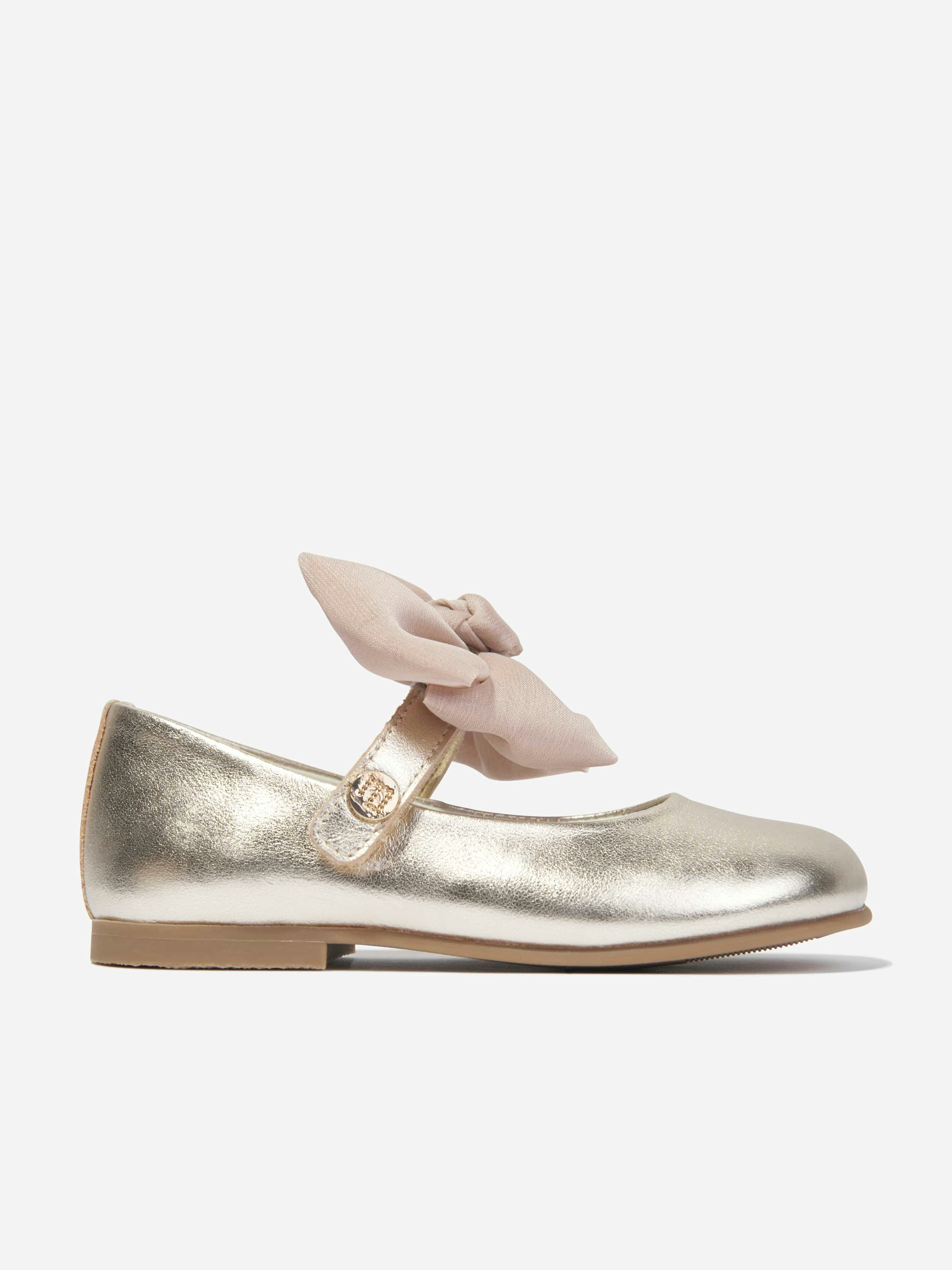Andanines Girls Gold Leather Bow Shoes In - Eu 18 Uk 2
