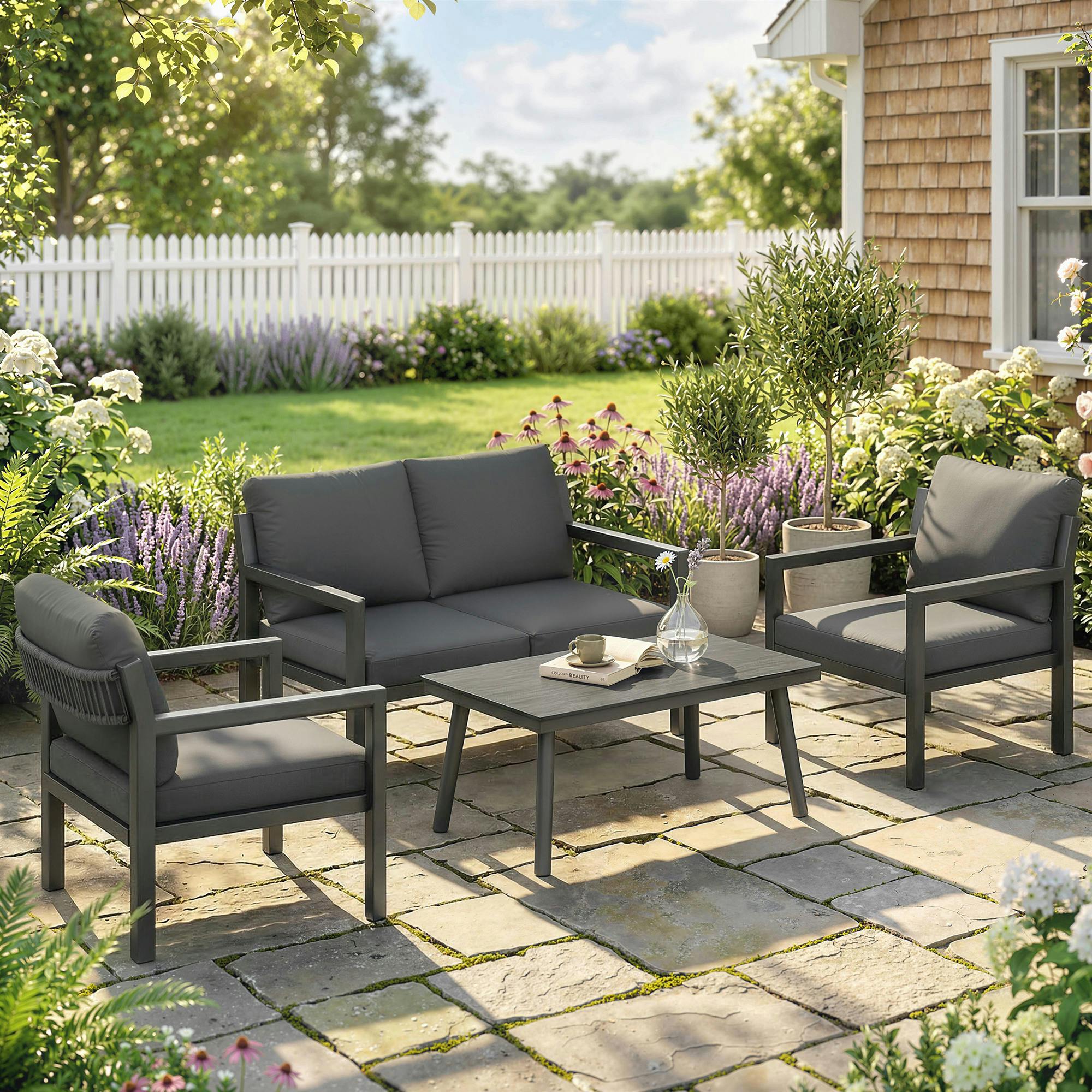 Outsunny Dark/Grey Rattan Garden Furniture Set, Outdoor Furniture Conversation Set