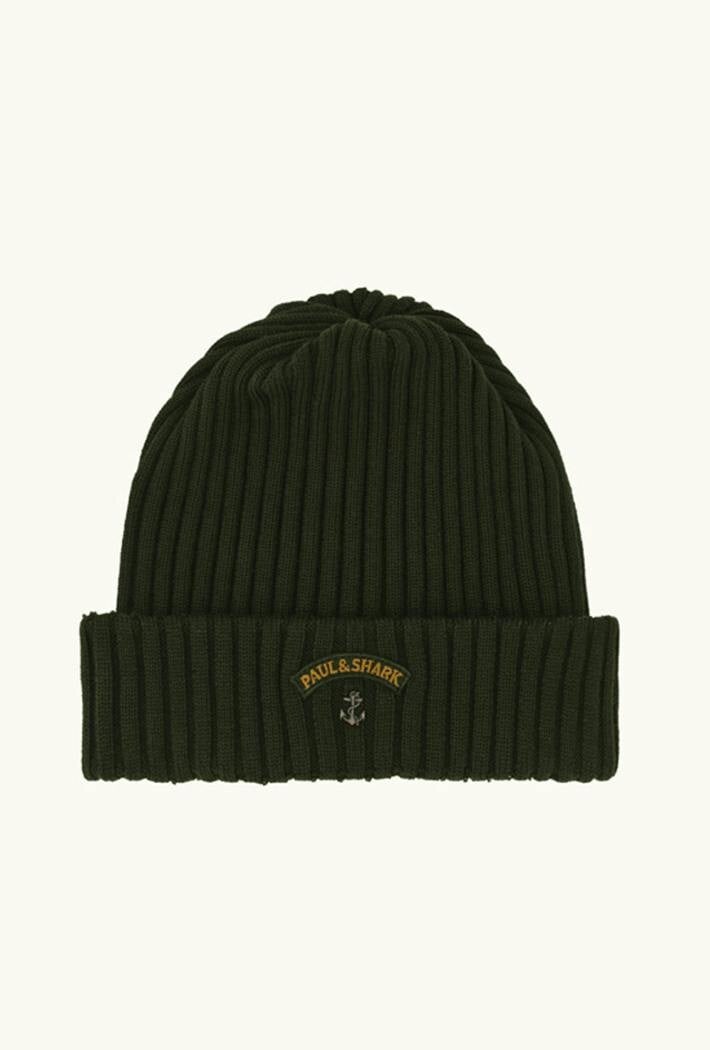 PAUL & SHARK Ribbed Wool Beanie for Men, Green Fold-Style Hat with Signature Anchor Badge - Image 2