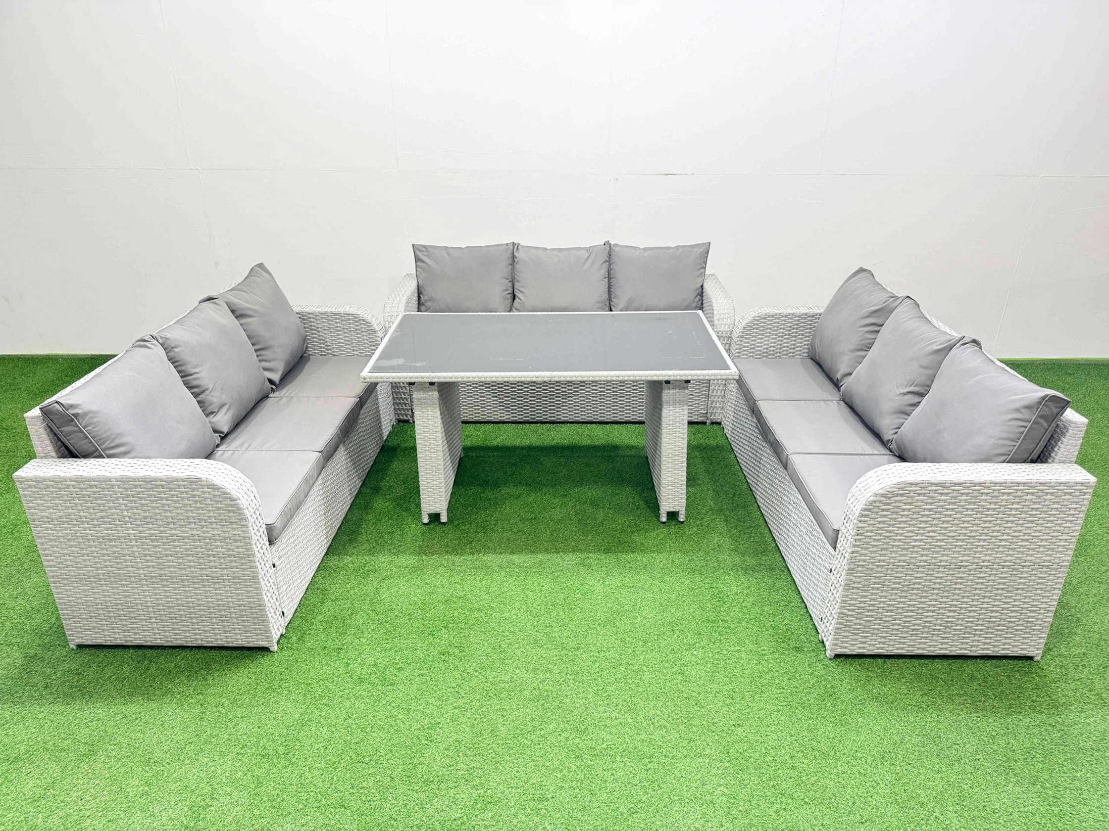Fimous Black/Light/Grey Patio Garden Furniture Sets With Glass Top Dining Table 3 Seater Sofa