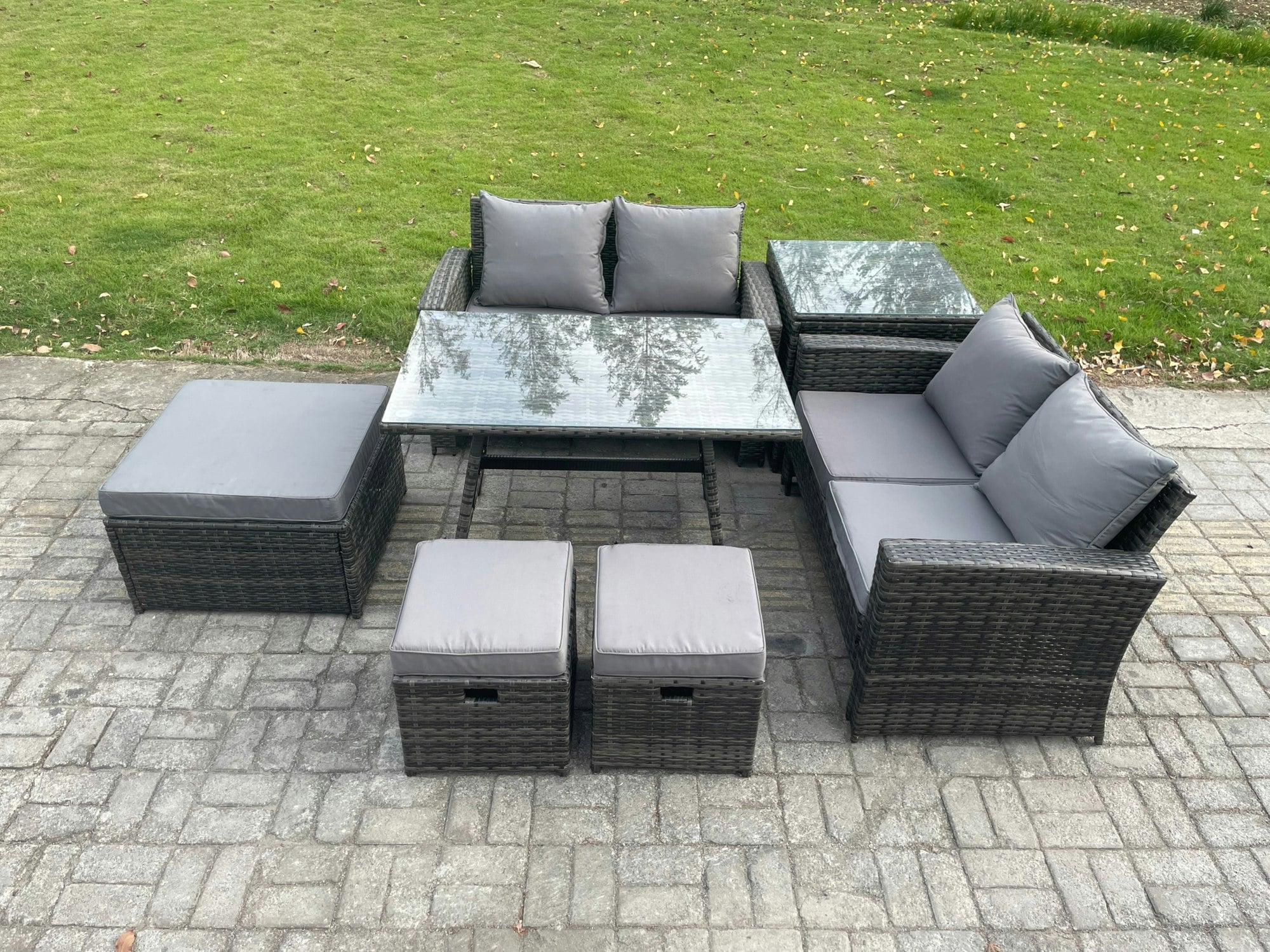 Fimous Dark/Grey 7 Seater Mixed Rattan Outdoor Dining Set - Rectangular Dining Table, Double Sofa & 3 Footstools
