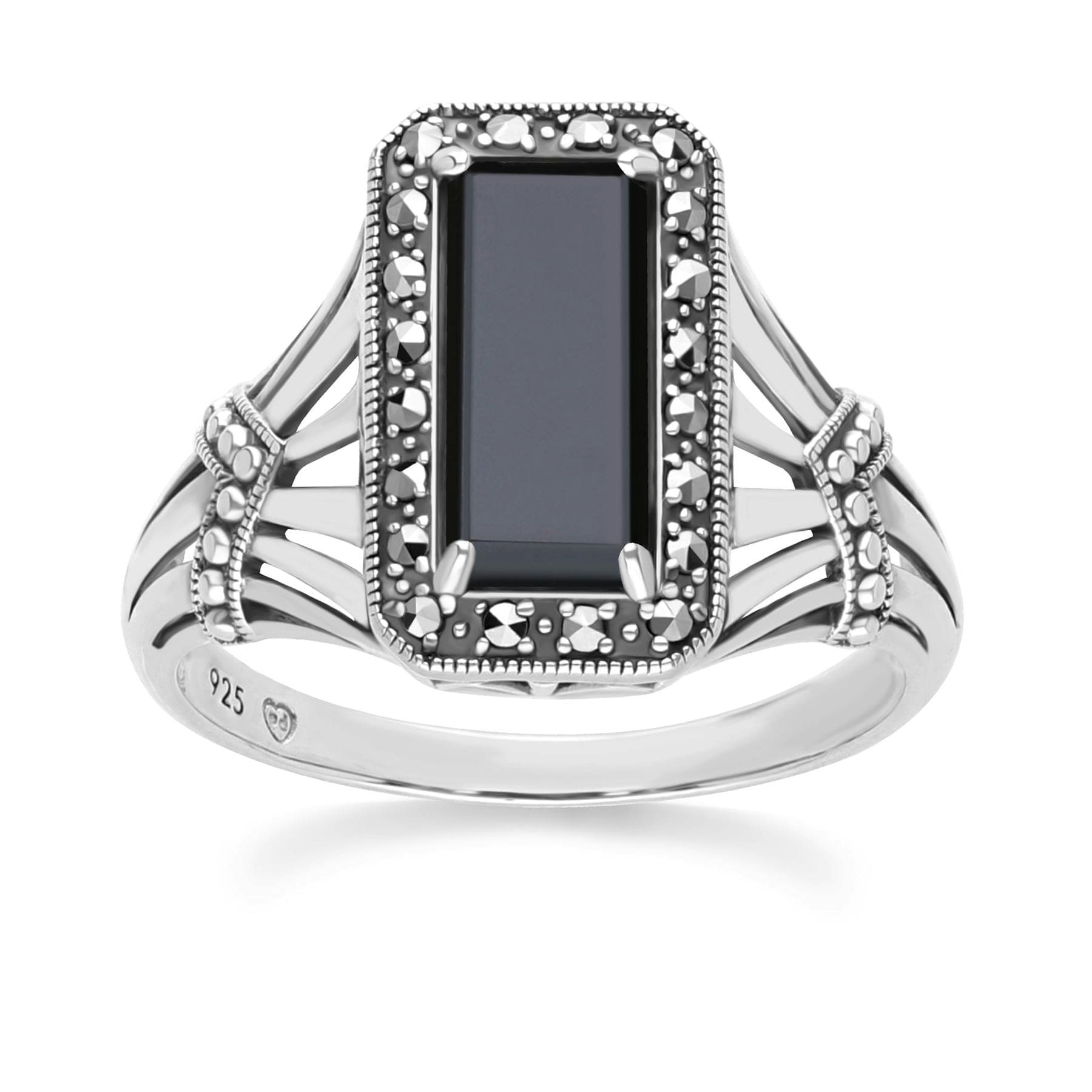 Gemondo Onyx/Silver Art Deco Style Octagon And Marcasite Ring In Sterling - P