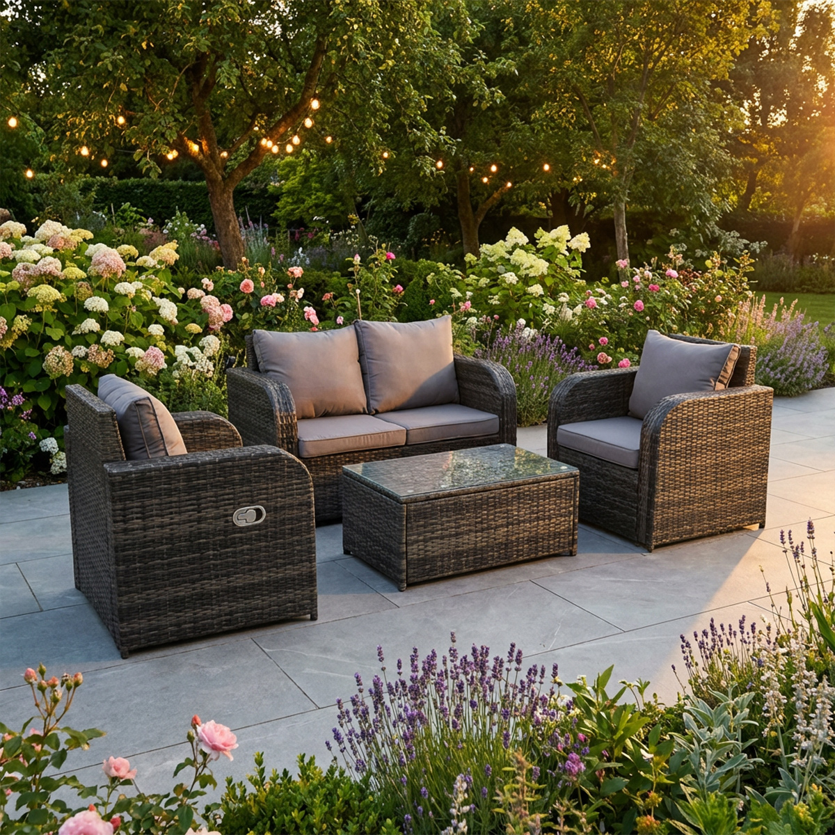 Fimous Dark/Grey 4 Seater Rattan Garden Furniture Set With Love Sofa, Coffee Table & 2 Armchairs - Mixed