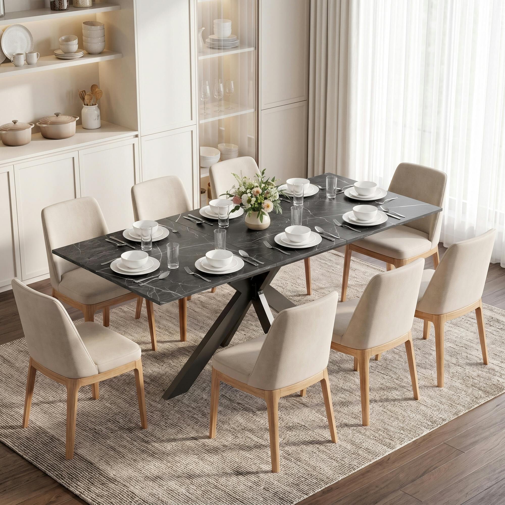 Rackhams Black Extendable Dining Table For 4-8 People, Marble Effect - Marble Effect