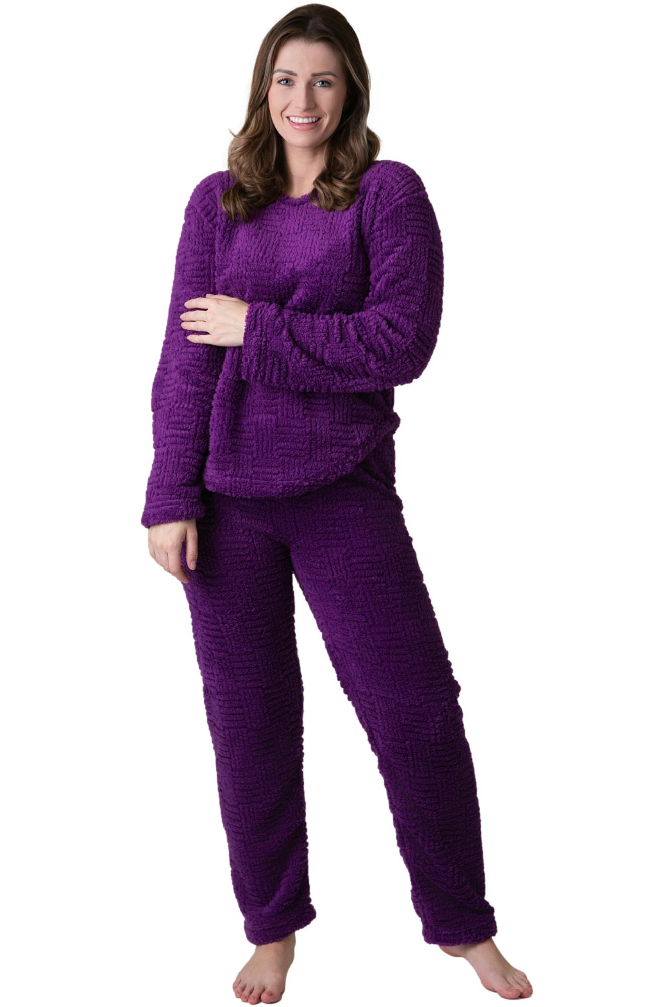Camille Women's Purple Supersoft Nude Textured Fleece Pyjamas With A Woven Pattern & Rope Detailing - 18-20