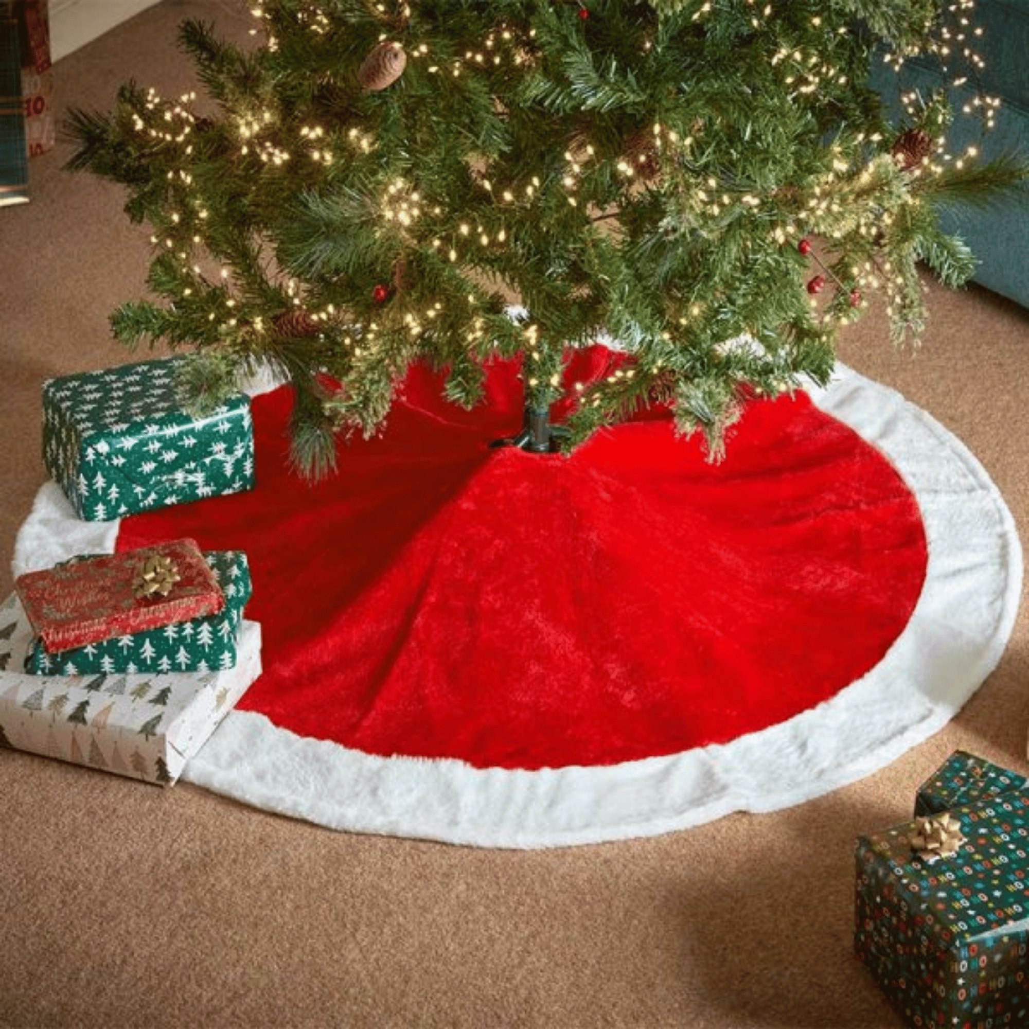 1.2m Red And White Soft Fabric Traditional Christmas Tree Skirt - Samuel Alexander | TJ Hughes - Image 3