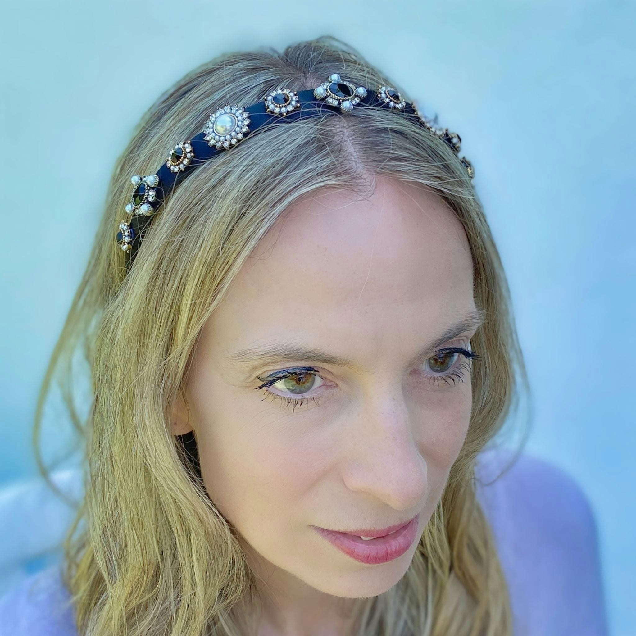Queenmee Accessories Black Headband Hair Band Thin Hair Band With Pearls And Jewels