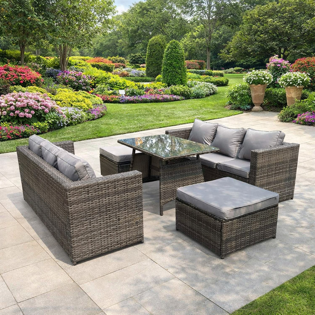 Rackhams Dark/Grey 8 Seater Rattan Outdoor Dining Set With Dining Table, 2 Sofas & 2 Footstools