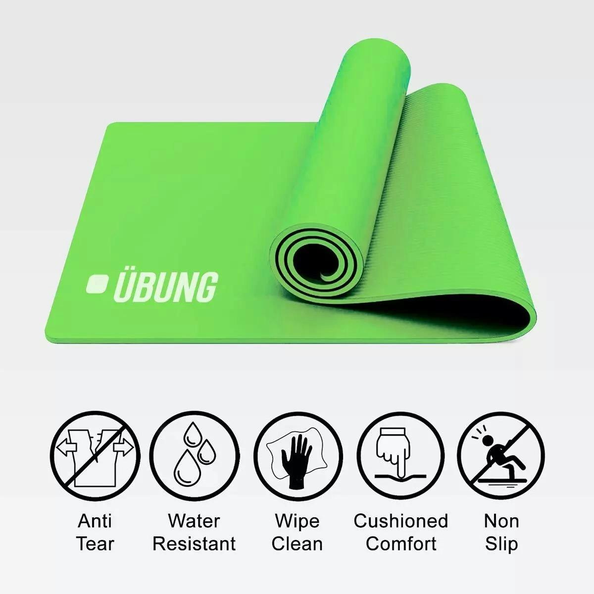 Ubung Green Yoga Mat Non Slip With Carry Strap 10Mm Thick Pilates Yoga