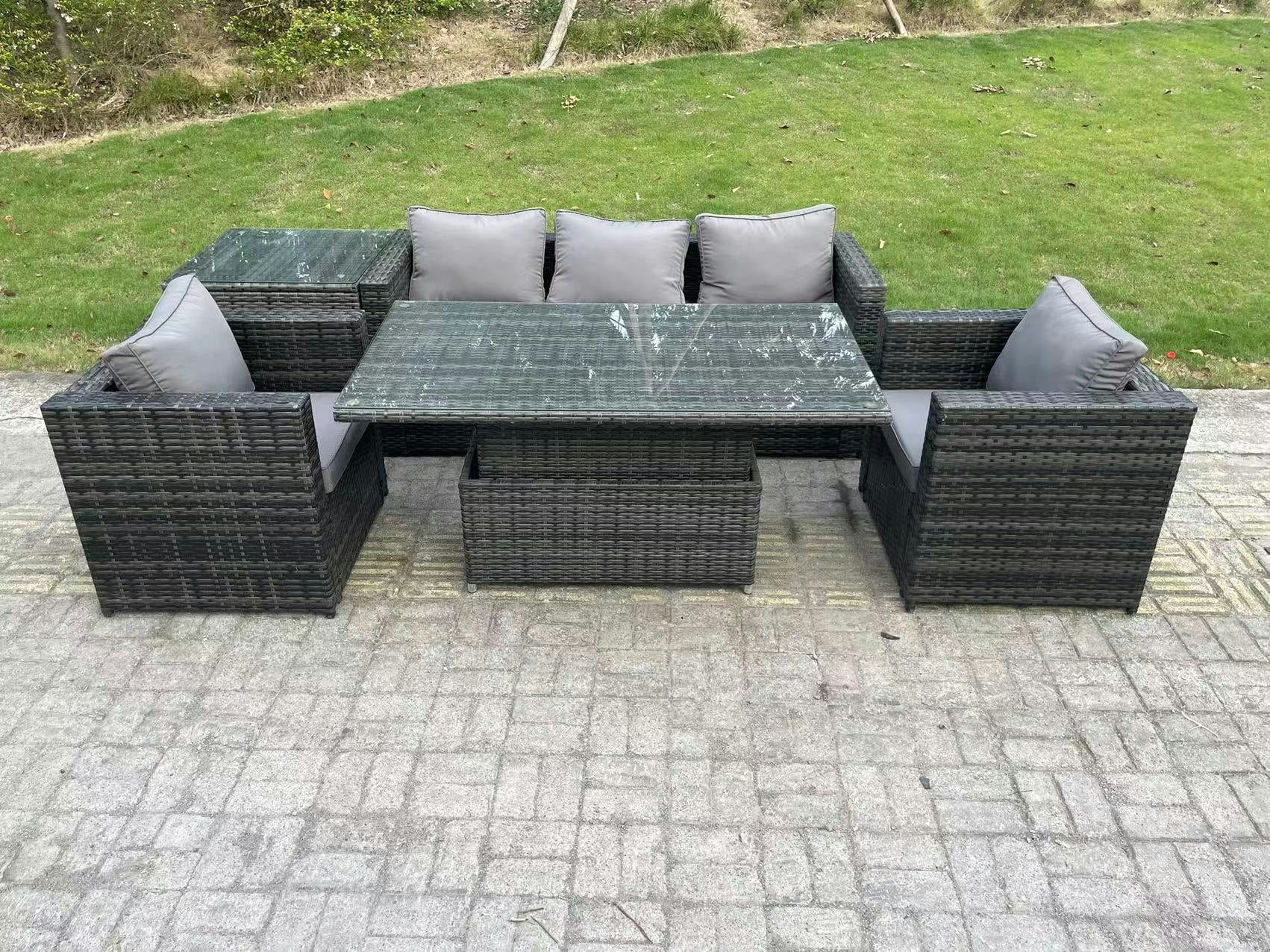 Rackhams Dark/Grey Outdoor Rattan Garden Furniture Sofa Set Patio Adjustable Rising Lifting Dining Table Set With Side Table 2 Armchairs Mixed