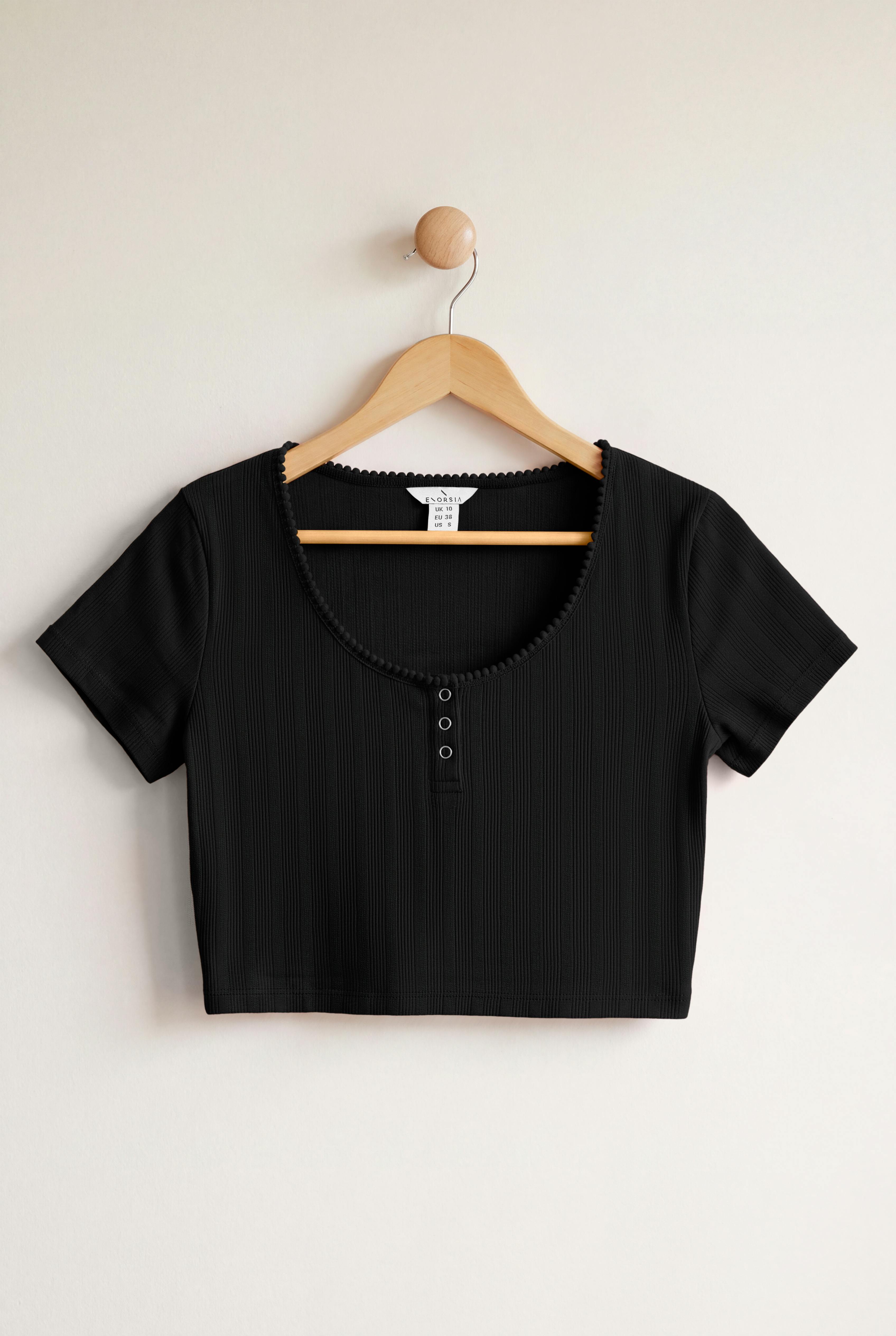 Enorsia Women's Black Ribbed Button-Up Short Sleeve T-Shirts - 16