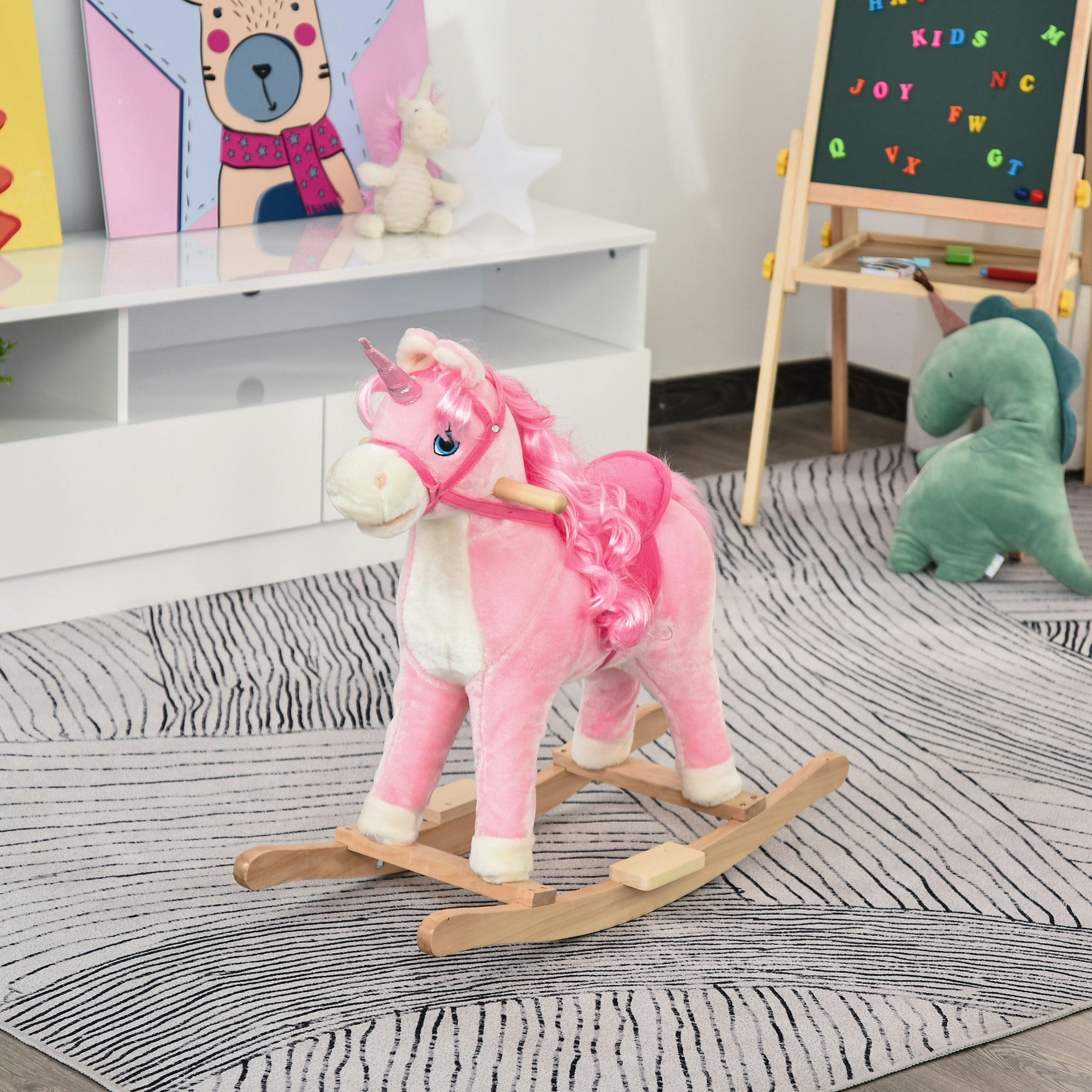Homcom Unisex Pink Kids Unicorn Ride-On Horse Moving Mouth Tail Sounds Rein 36-72 Mnths In Large - Image 3