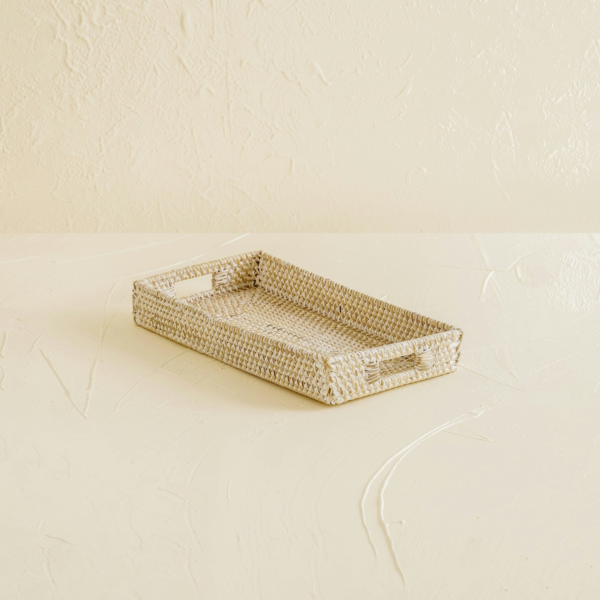 Coastal Villa Homeware White Mini Rattan Tray - Small Rectangular Rattan Display Tray - Wash