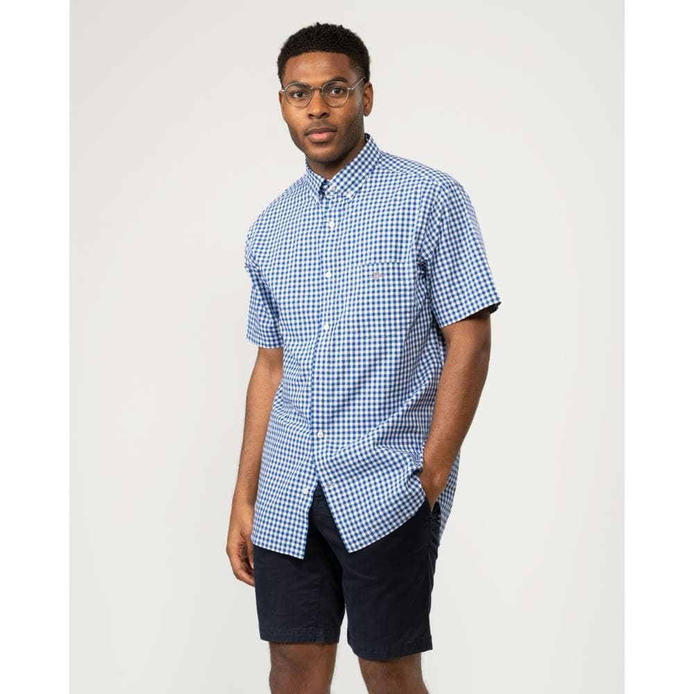 Gant Men's Blue Regular Fit Short Sleeve Poplin Gingham Shirt - 436 College - 436 College - M