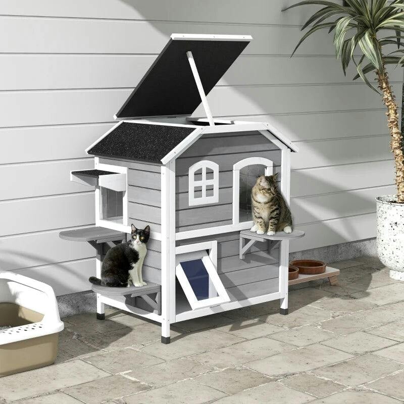 PawHut 2-story Cat House Outdoor with Openable 99.5L x 76W x 91H cm, Grey - Image 9