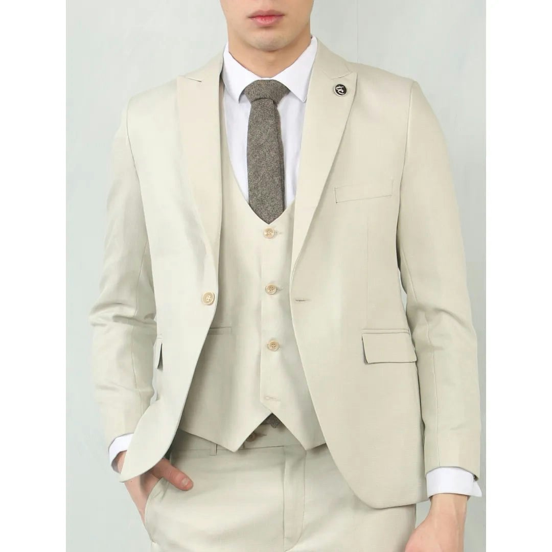 Truclothing Men's Cream Im200 - Tailored Fit Wedding 3 Piece Suit - 46" Jacket 40" Trousers