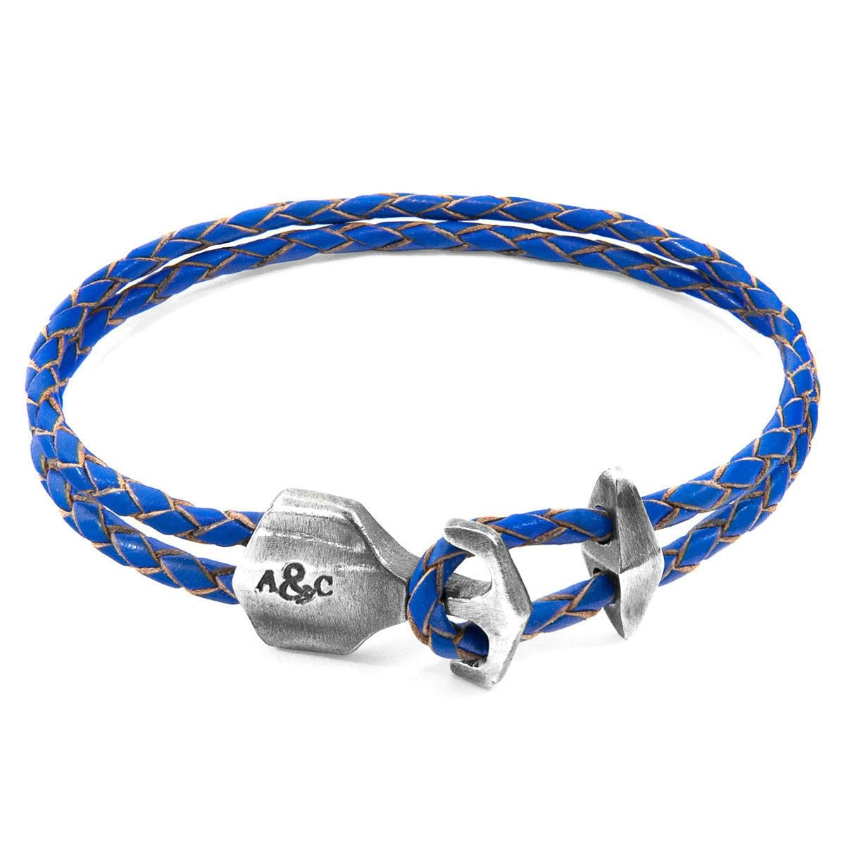 Anchor & Crew Blue/Silver Royal Delta Anchor And Braided Leather Bracelet - L - 23Cm