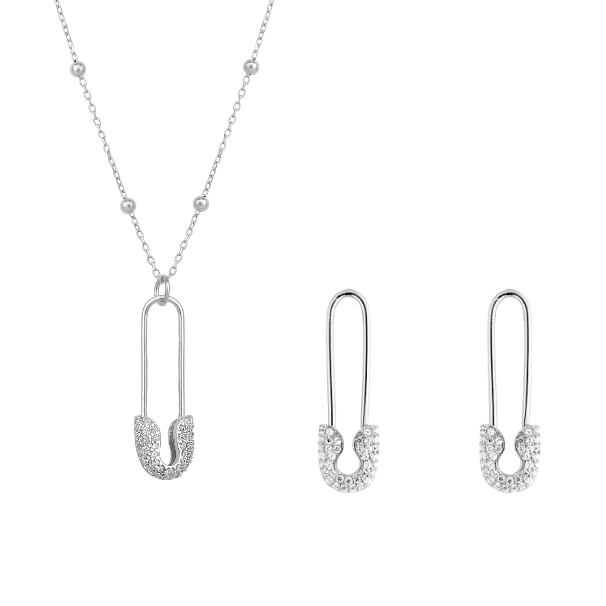 Spero London Silver Sterling Jewelled Safety Pin Necklace With Beaded Chain And Earring Set