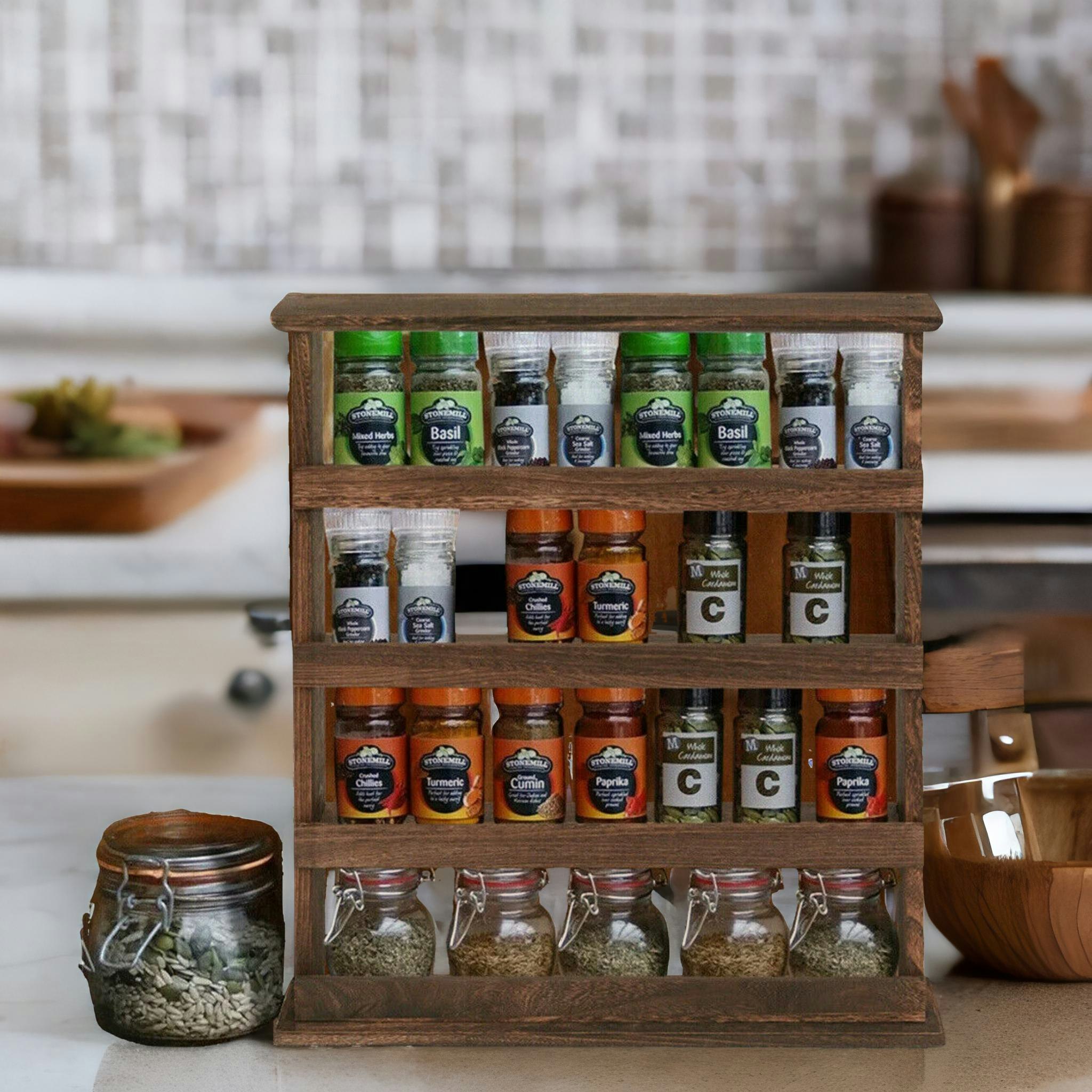 Rackhams Brown 5 Tier Countertop Wall Mounted Wooden Spice Rack