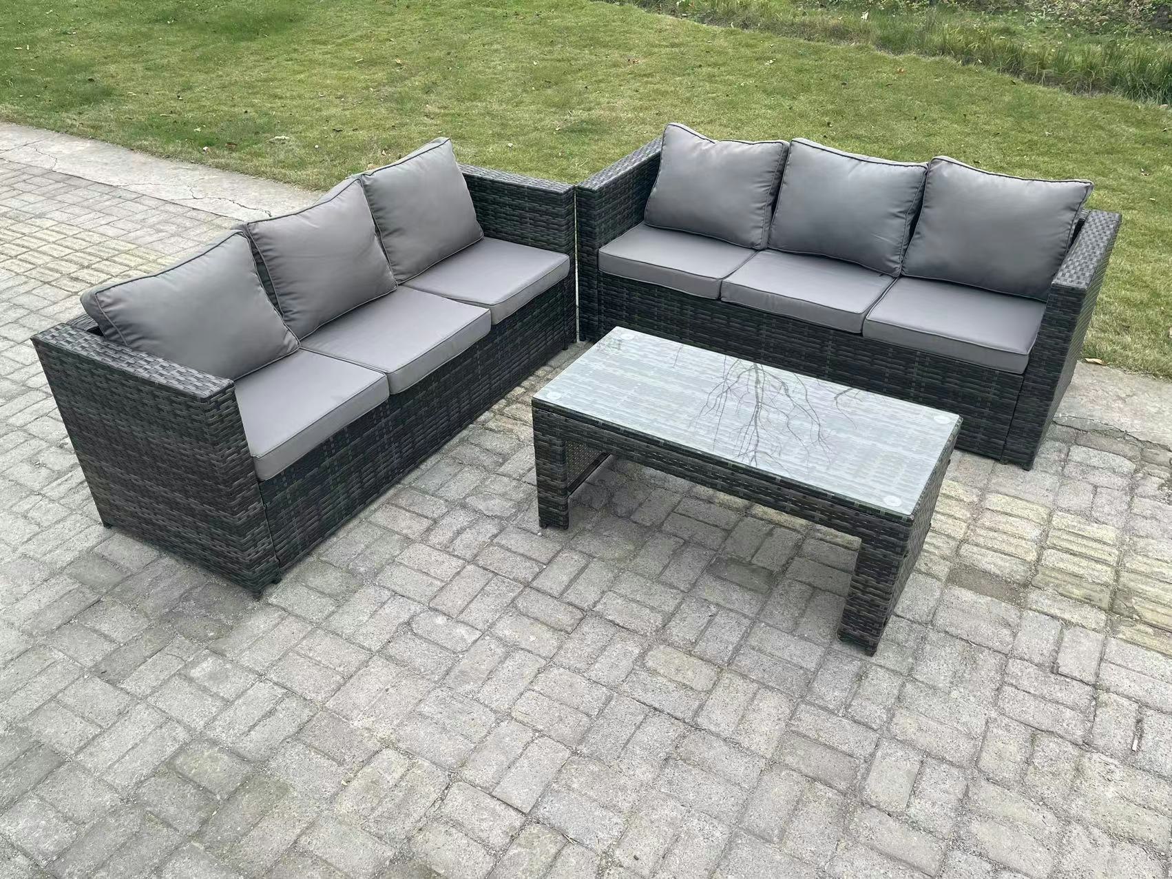 Rackhams Dark/Grey Outdoor Rattan Garden Furniture Lounge Sofa Set With Oblong Rectagular Coffee Table