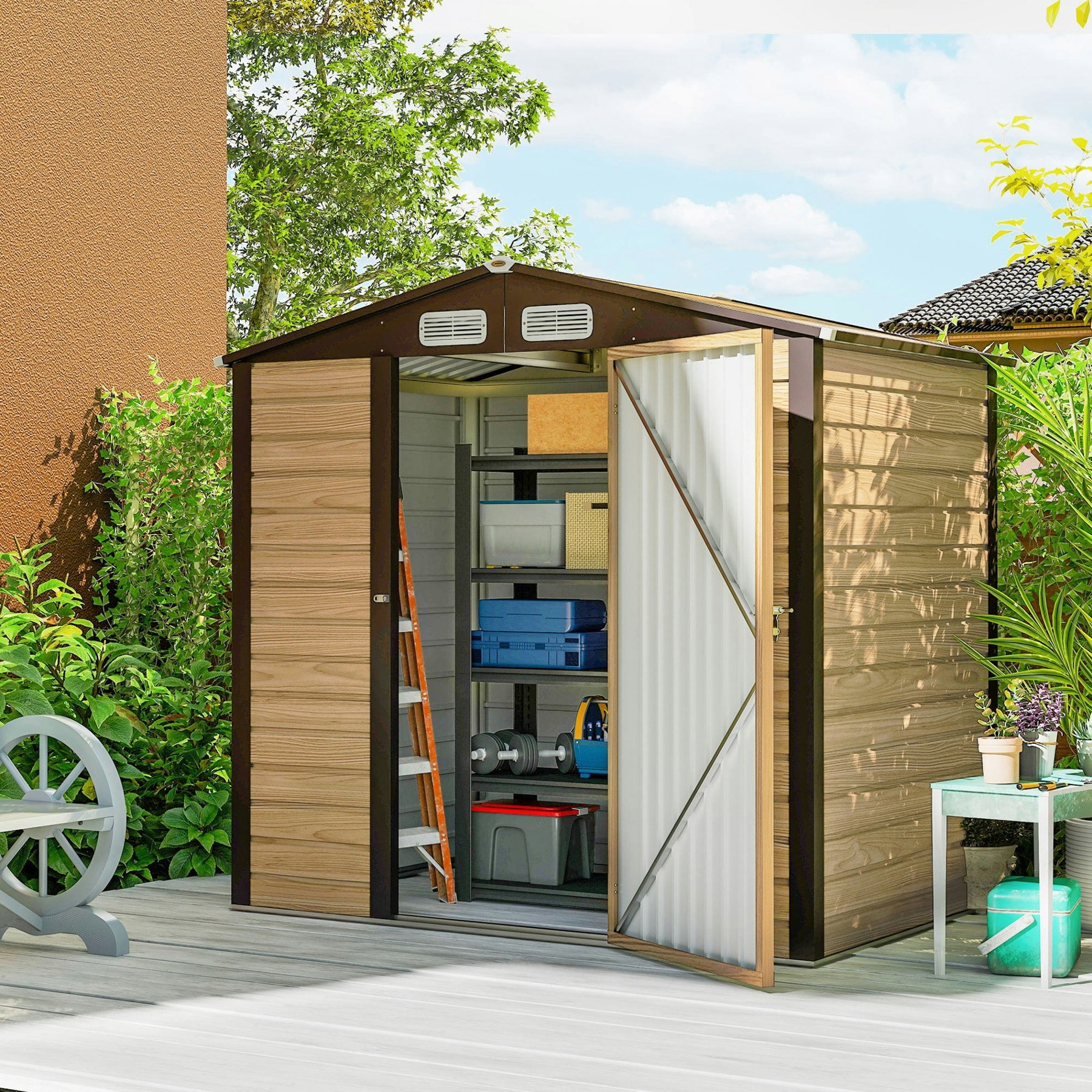 Rackhams 6.2 X 4.3Ft Garden Metal Shed With Vent For Garden, Patio, Oak