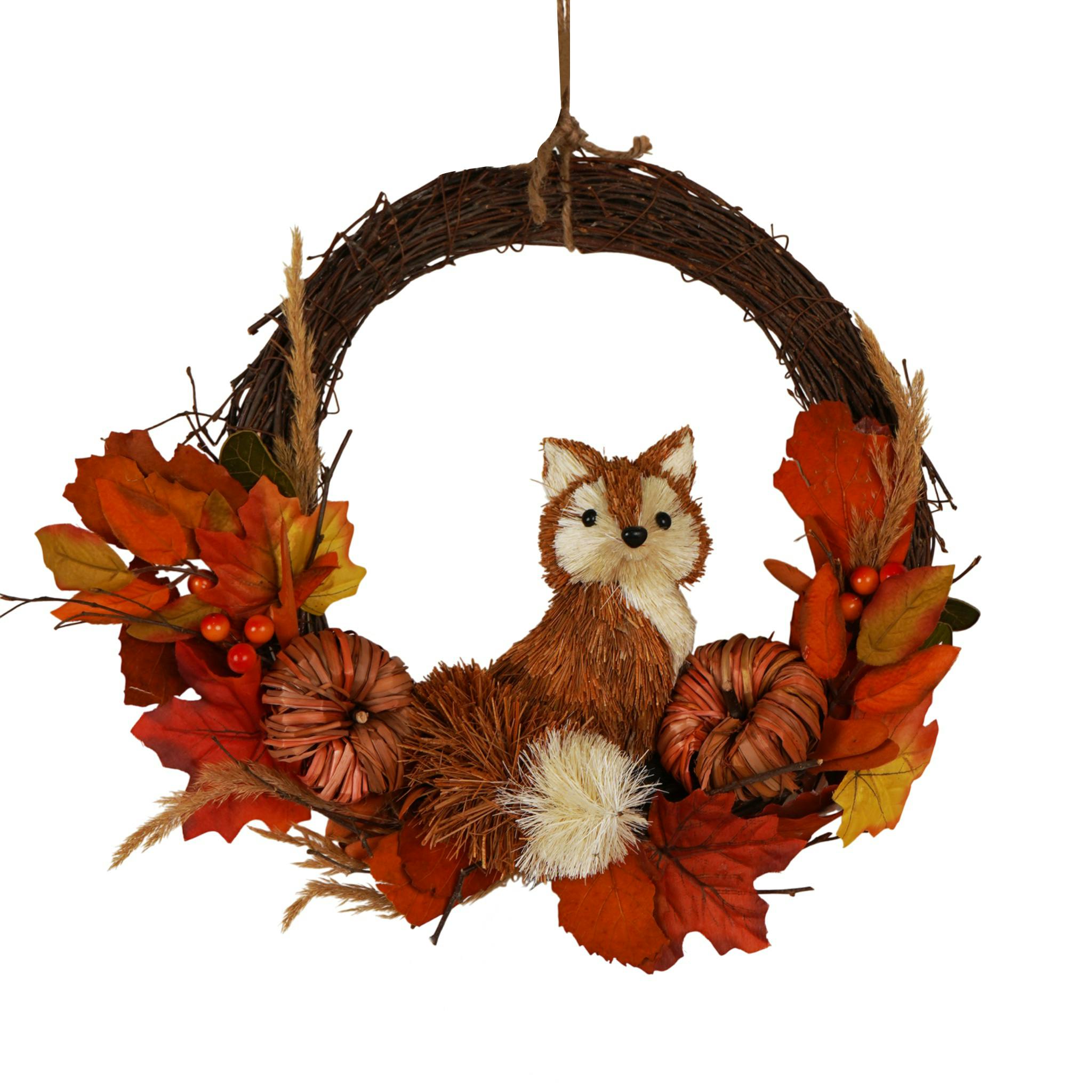 Rackhams Brown/Orange/Cream Rattan Fox Wreath