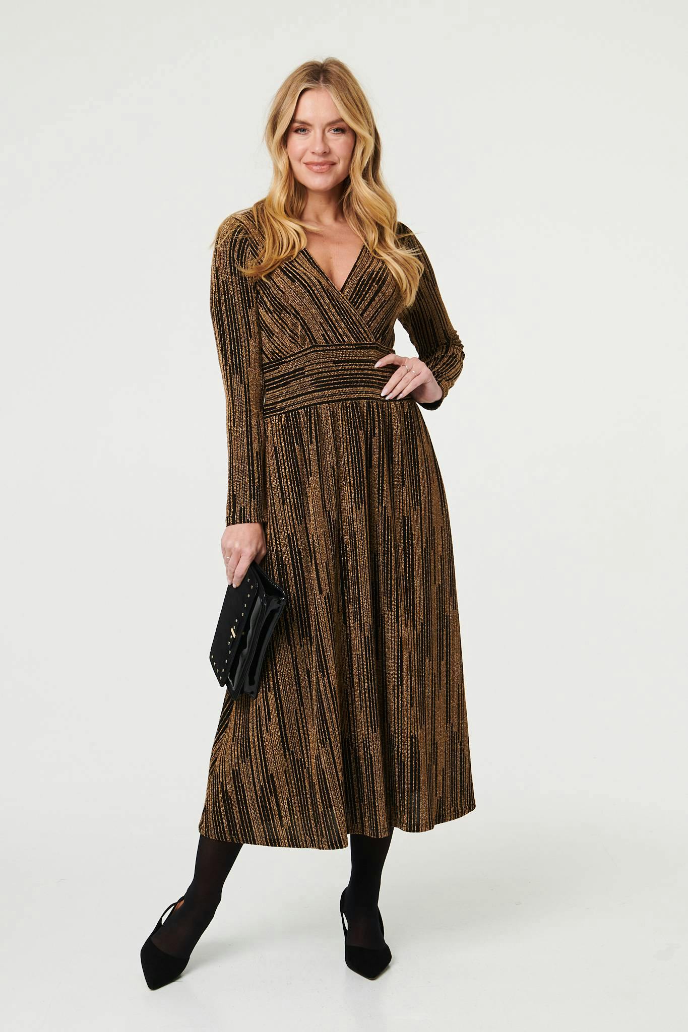 Izabel London Gold Striped Texture Long Sleeve Midi Dress - 12