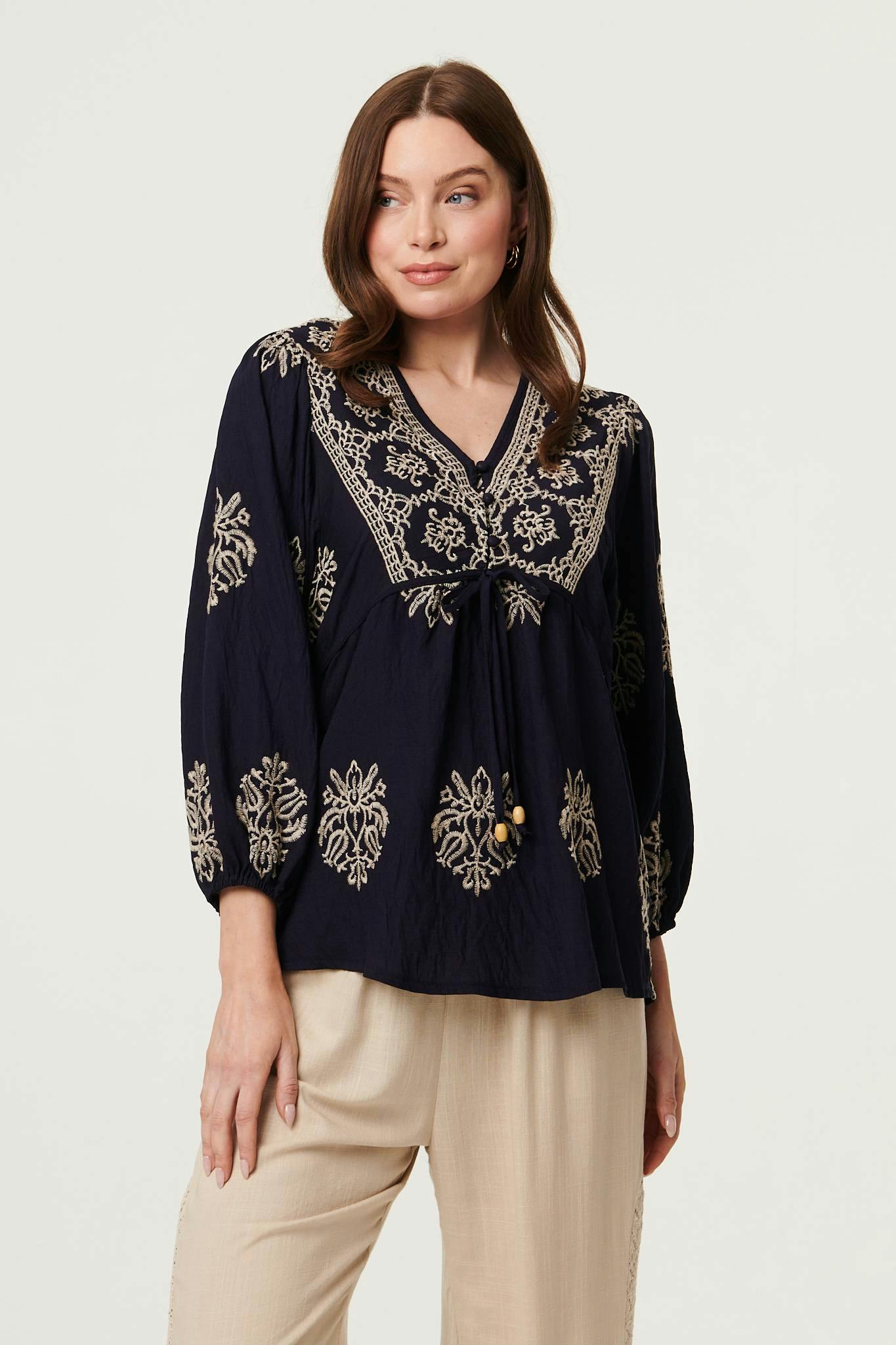 Izabel London Border Print Tie Front Relaxed Blouse - 18 - Navy